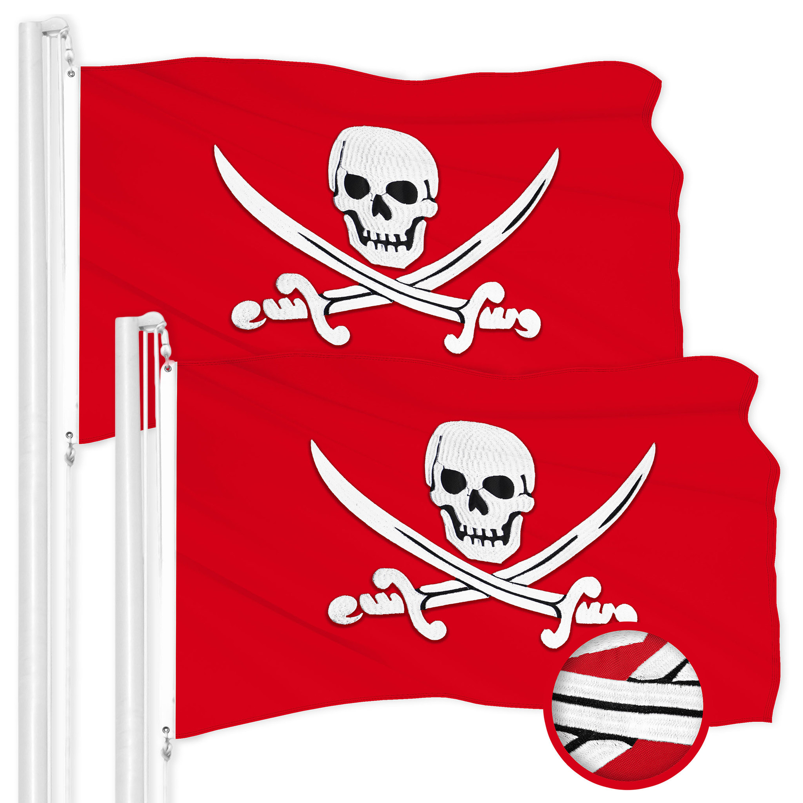 G128 2 Pack Pirate Jolly Roger Swords Red Flag 16x24 In Emb 300D Polyester
