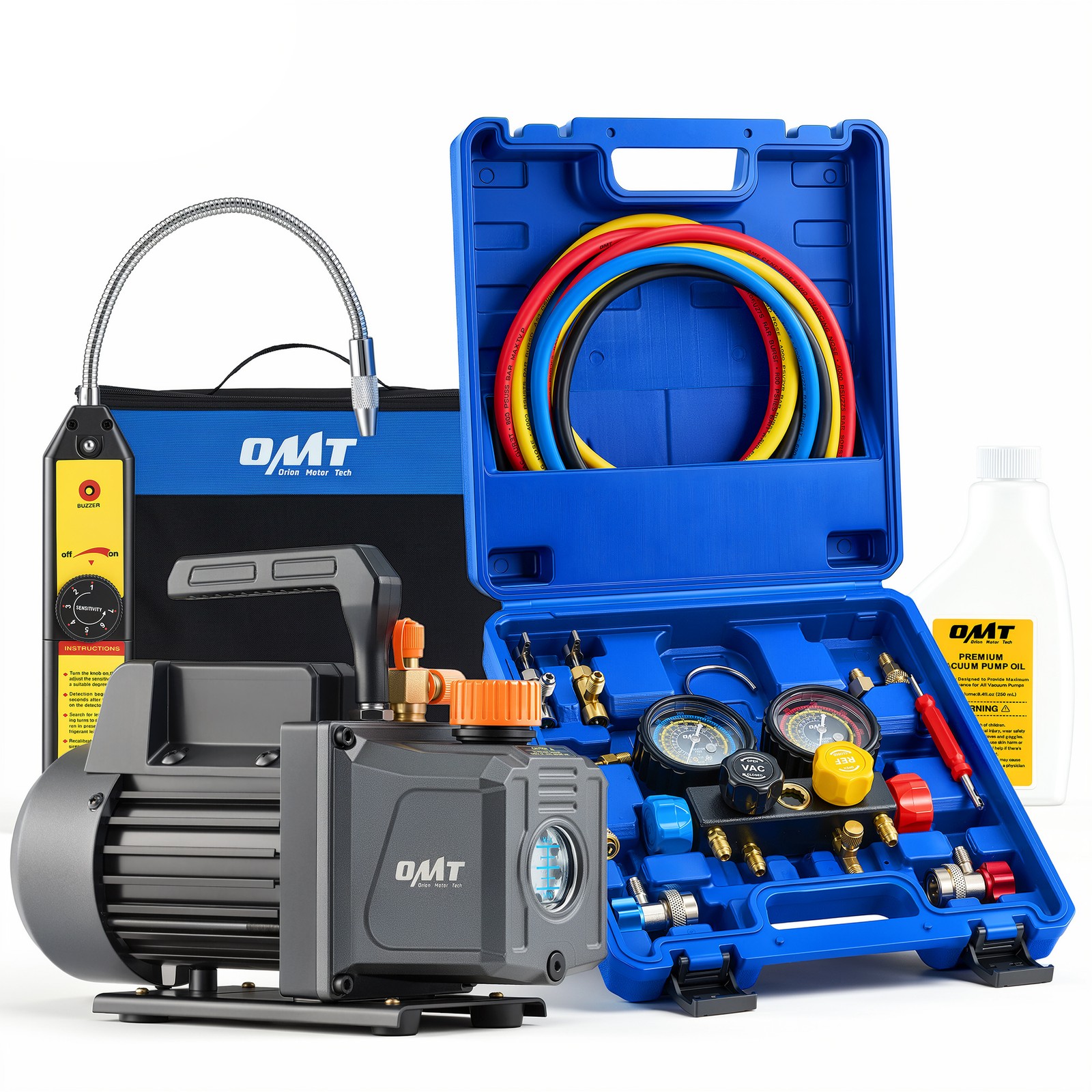 OMT 4CFM AC Vacuum Pump Kit w/ HVAC Manifold Gauge Leak Detector for R134a R410a OMT 4CFM AC Vacuum Pump Kit w/ HVAC Manifold Gauge Leak Detector for R134a R410a