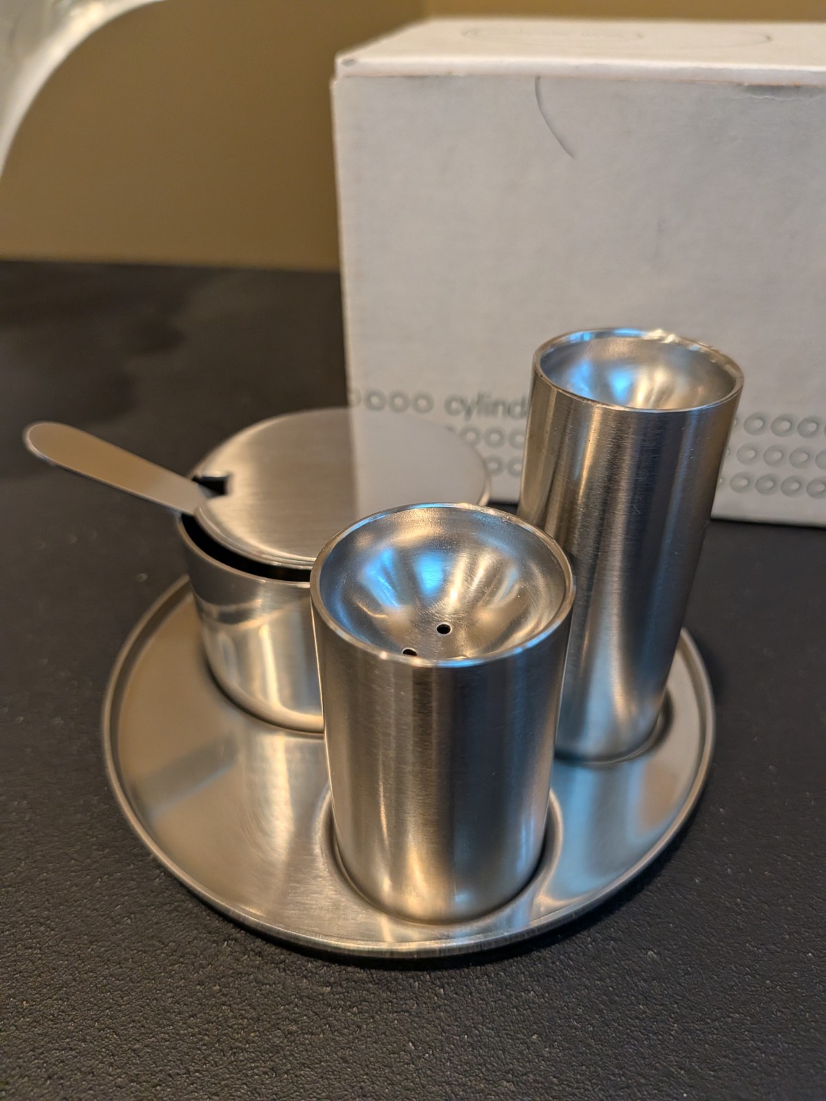 Stelton Arne Jacobsen Danish 5 Piece Condiment Set with Spoon NIB Old Stock MCM Stelton Arne Jacobsen Danish 5 Piece Condiment Set with Spoon NIB Old Stock MCM