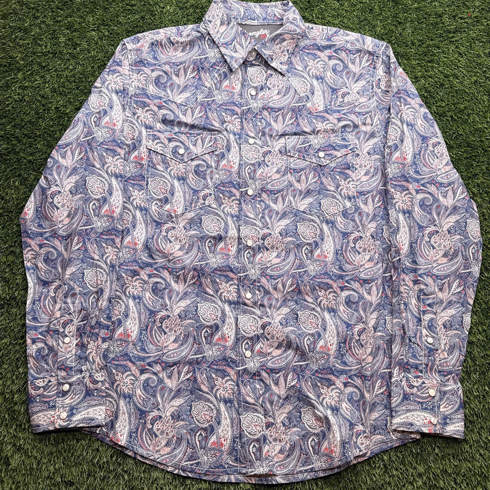 Wrangler 20X Western Pearl Snap Shirt Mens Medium Blue Paisley Long Sleeve