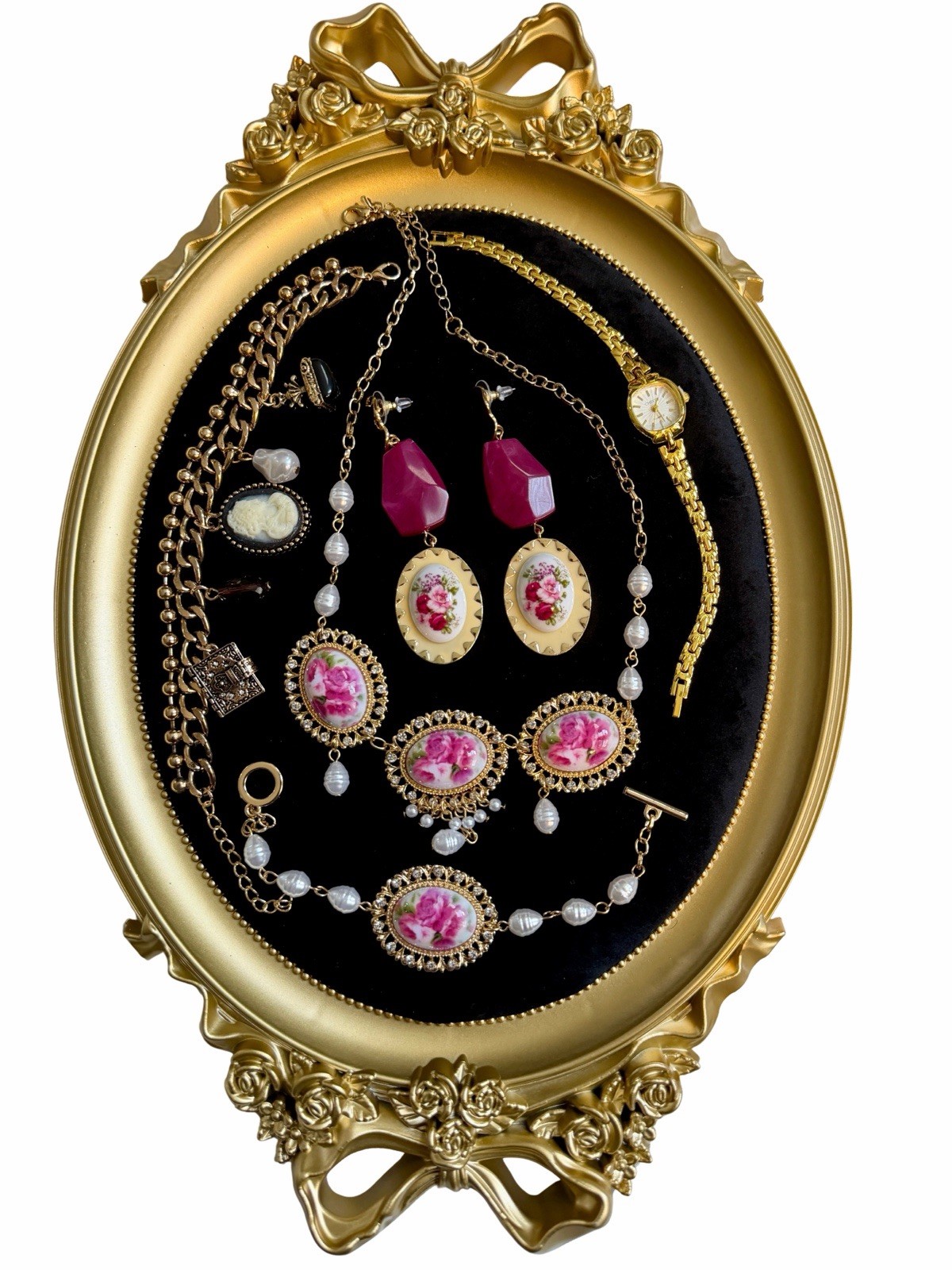 Vintage Style Watch Floral Cameo Necklace Bracelet Earrings Jewelry Lot