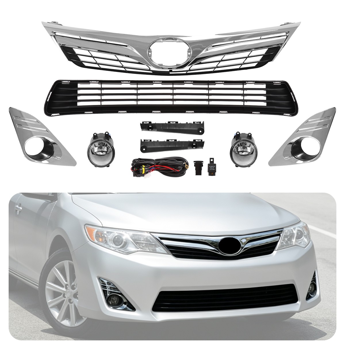 9Pcs Front Upper Lower Grilles & Fog Light Kit For 2012-2014 Toyota Camry LE/XLE