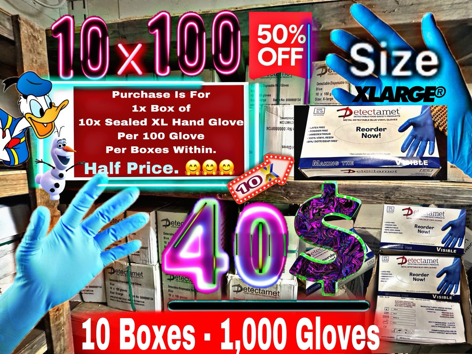 Detectamet Metal Detectable Blue Vinyl Gloves XL - Case of 10 Boxes (1000ct)