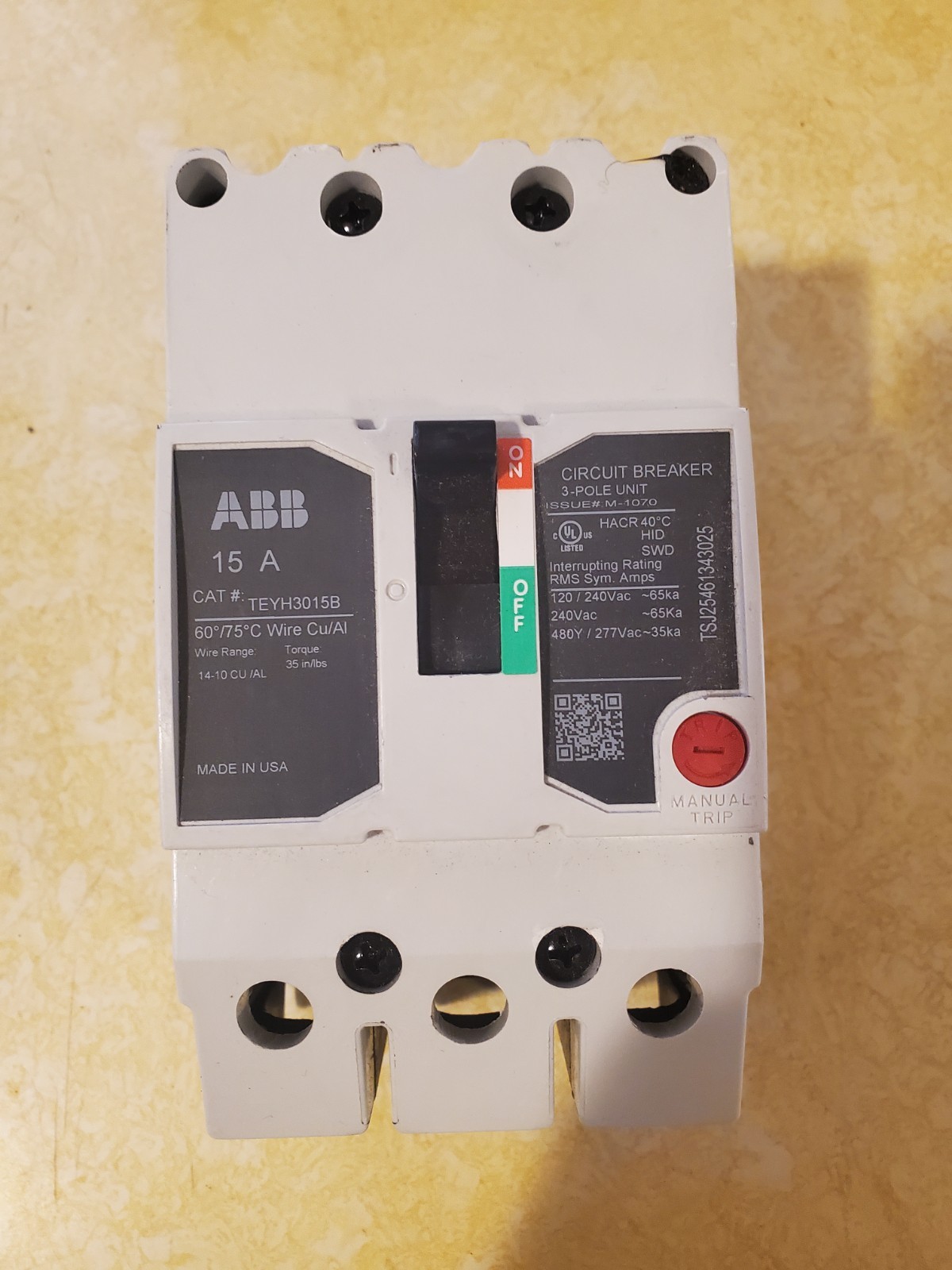 ABB TEYH3015B 15A 3P 480V Molded Case Breaker New ABB TEYH3015B 15A 3P 480V Molded Case Breaker New