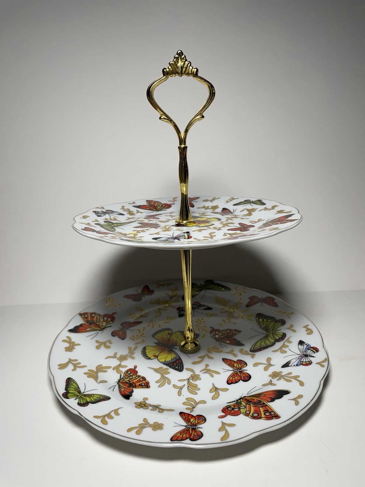 Vintage Two-Tier Butterfly Serving Tray Dessert Stand Vanity Display