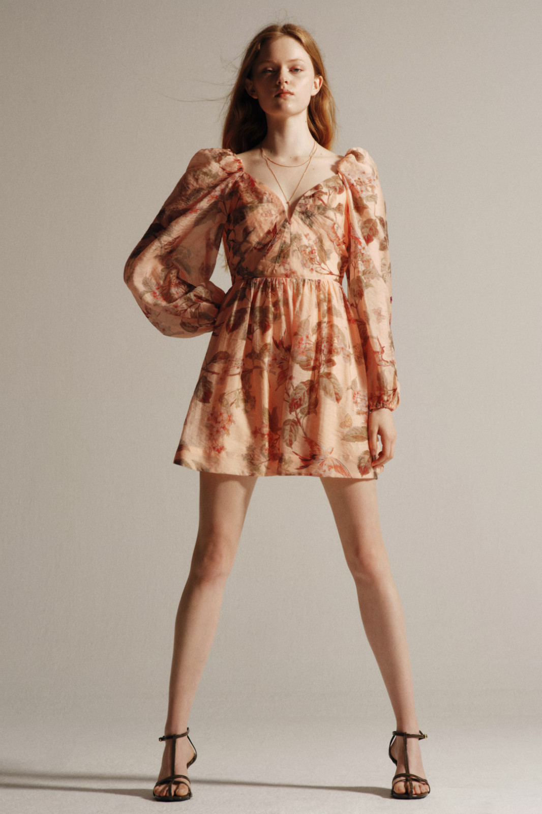 H&M Women\'s Puff Sleeve Floral Babydoll Dress Pink Sweetheart Cut-Out Tie Back