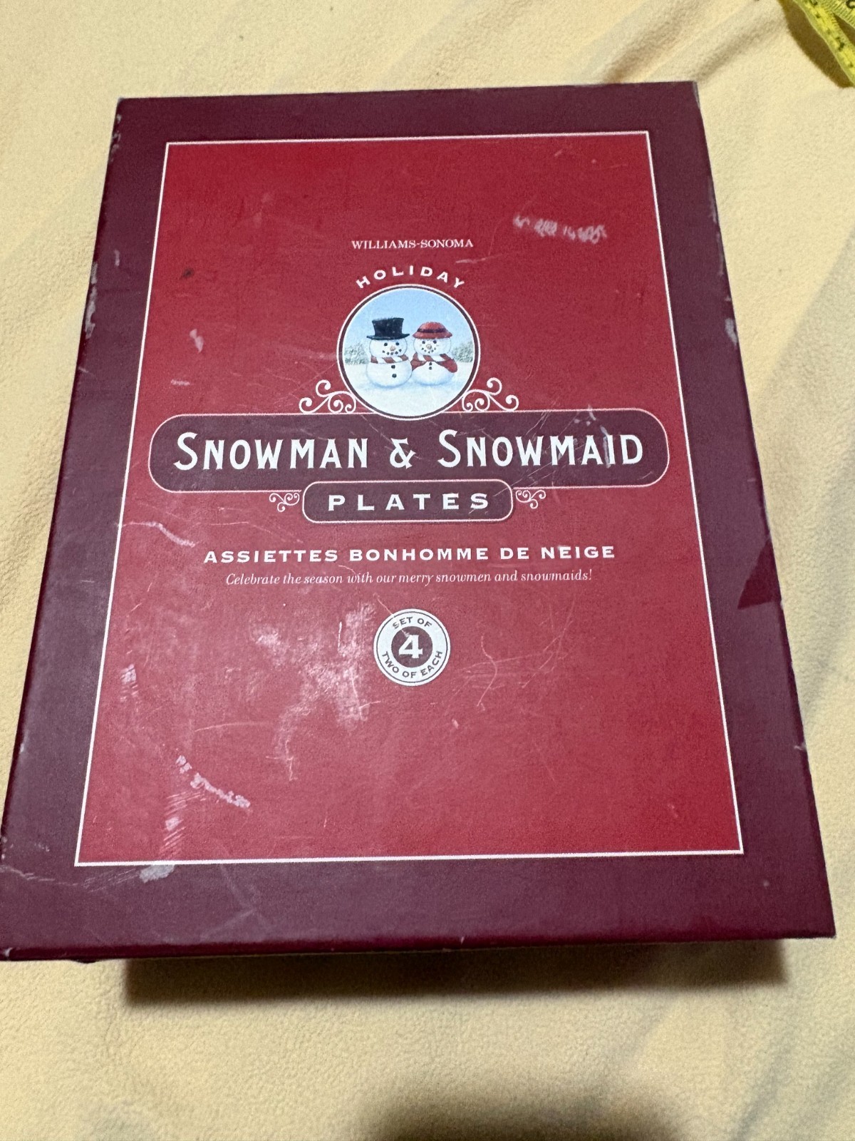Williams Sonoma Holiday Snowman & Snowmaid Rare 4 Snack Sandwich Plates W BOX Williams Sonoma Holiday Snowman & Snowmaid Rare 4 Snack Sandwich Plates W BOX