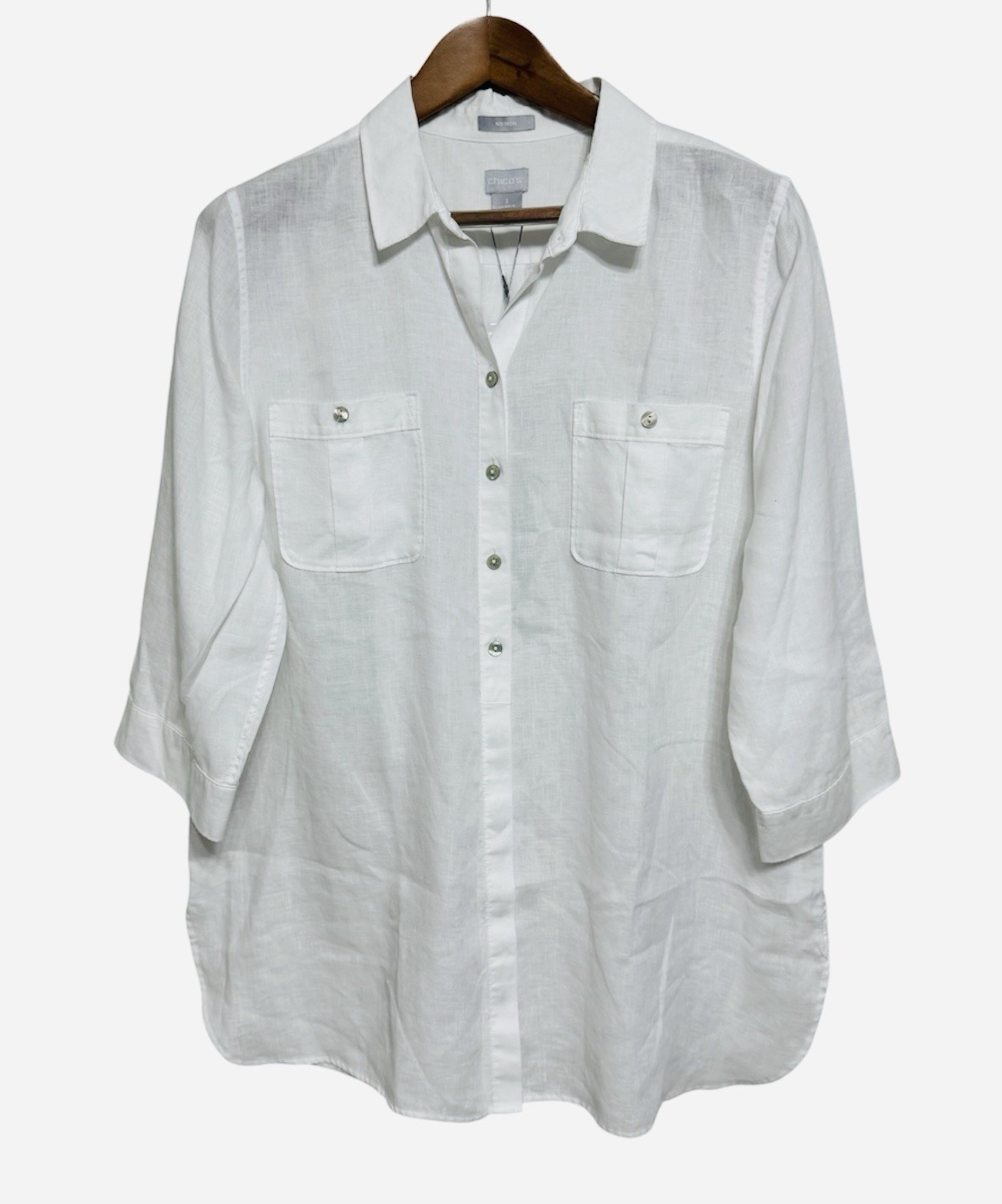 Chico\'s No Iron Linen Tunic Shirt Top Women 3/XL White 3/4 Sleeve Button Front