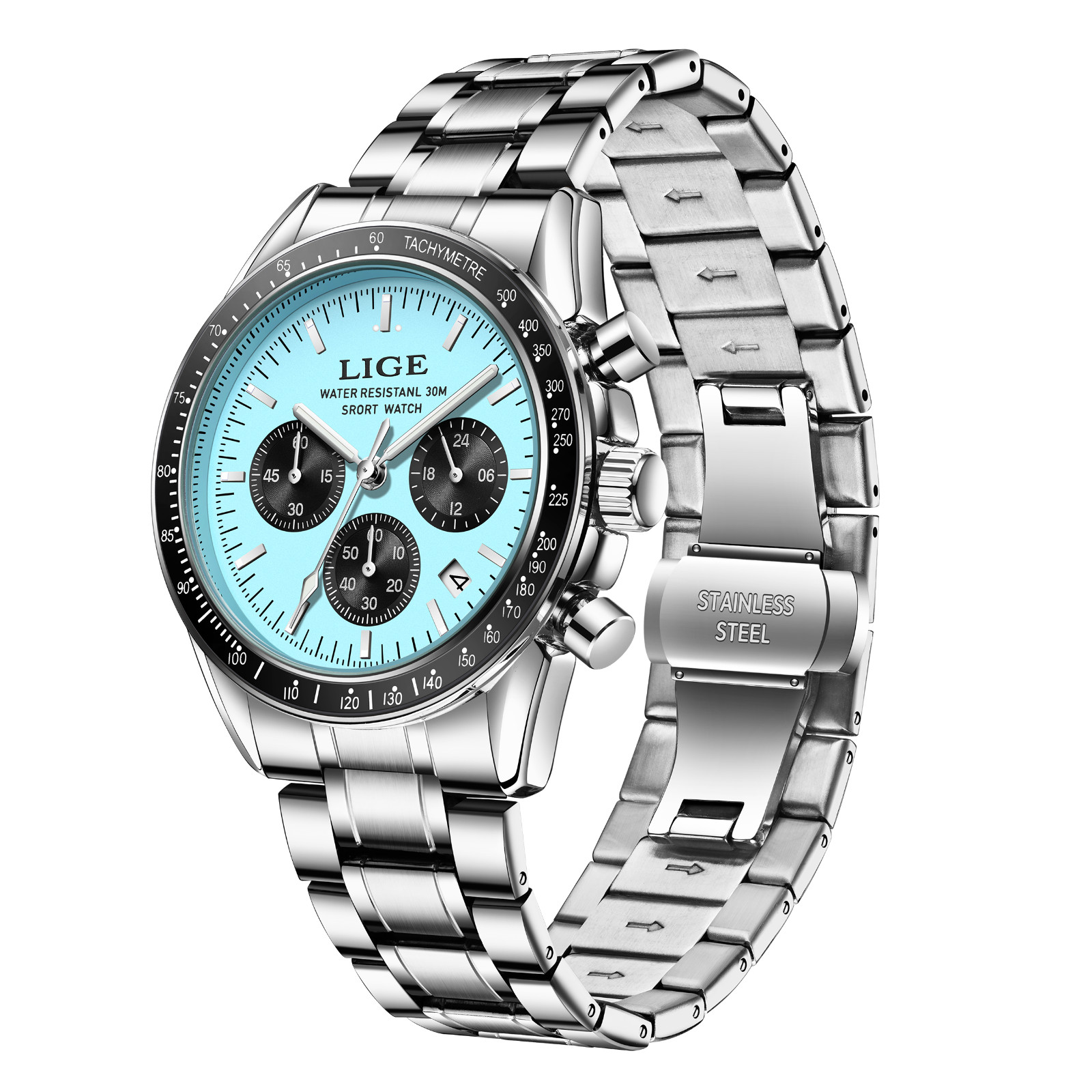 LIGE Men Watch Quartz Date Luminous Chronograph Waterproof Stainless Steel Watch