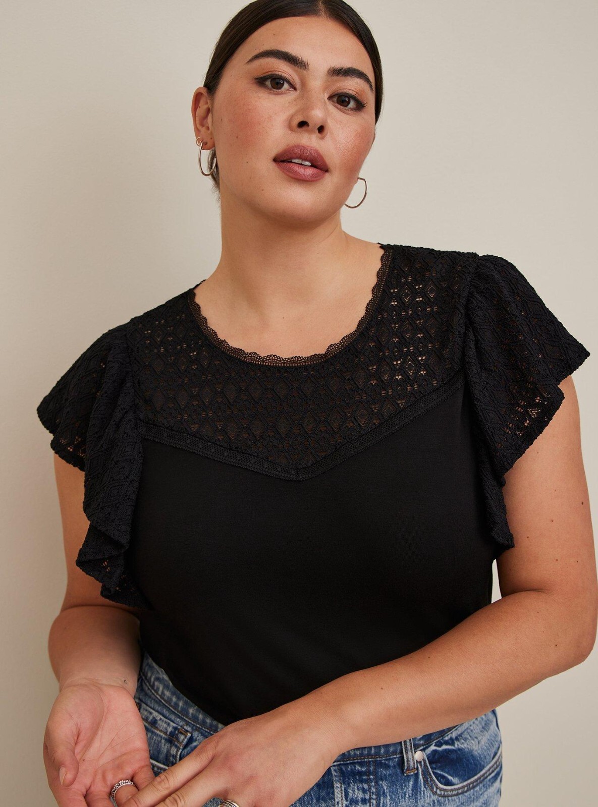 Torrid Plus 2X Ruffle Sleeve Knit Top Lace Yoke Crew Neck Feminine Black NWT Torrid Plus 2X Ruffle Sleeve Knit Top Lace Yoke Crew Neck Feminine Black NWT