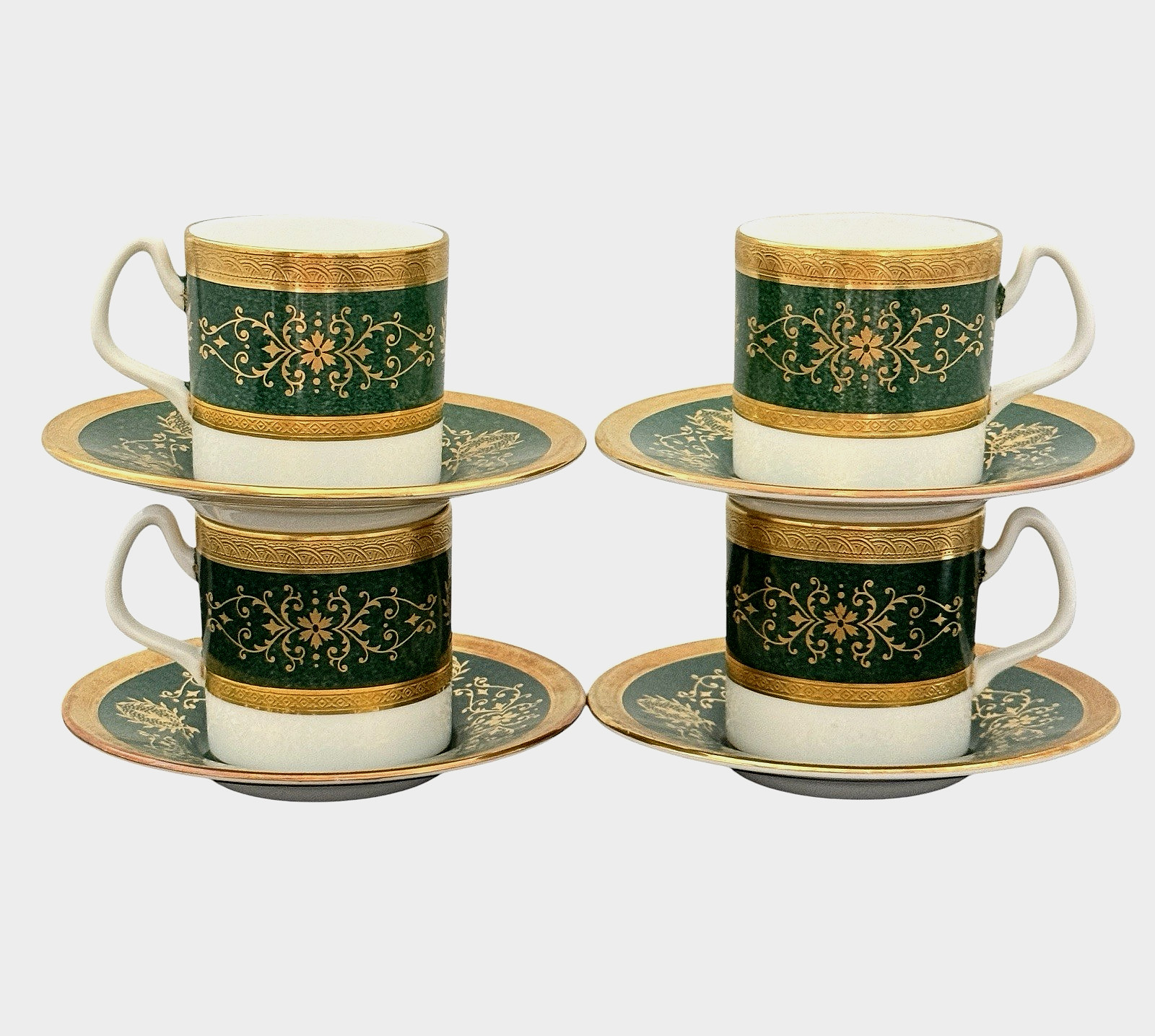 4 Coalport Lady Anne Demitasse Cup Saucer Sets Emerald Green Gold Gilt England