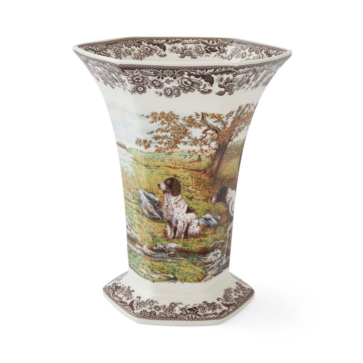 Spode Woodland Woodland Hexagonal Vase, Hunting Dogs-----5836----- Spode Woodland Woodland Hexagonal Vase, Hunting Dogs-----5836-----