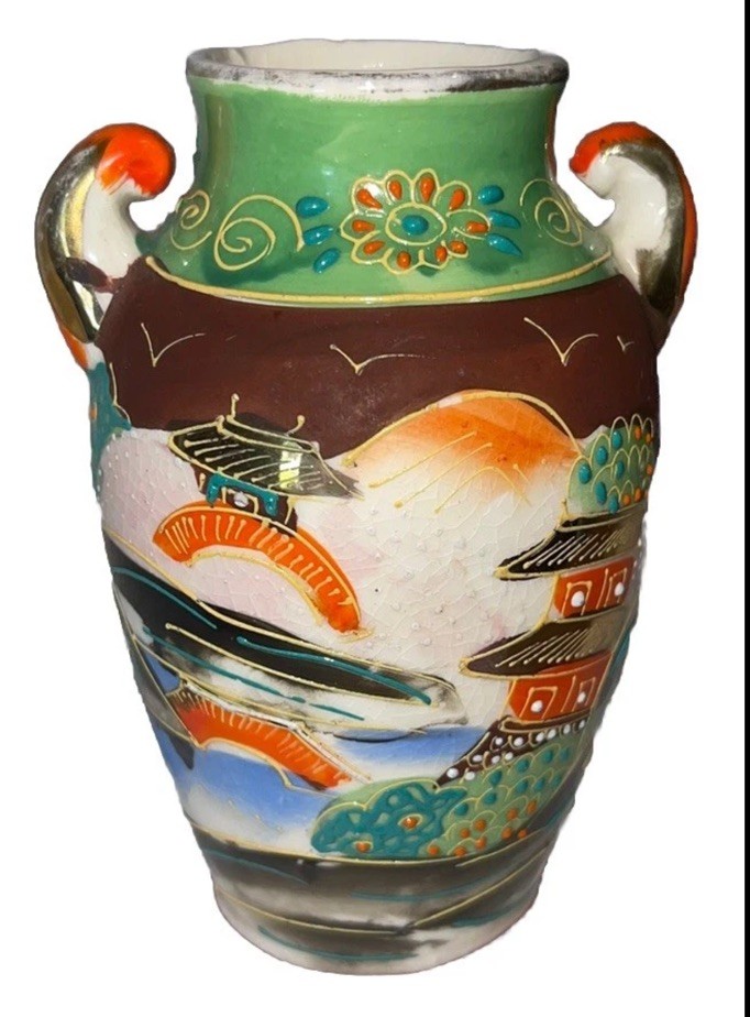 Nice Antique Moriage Hand Painted Ceramic Vase - Made in Japan 5” 