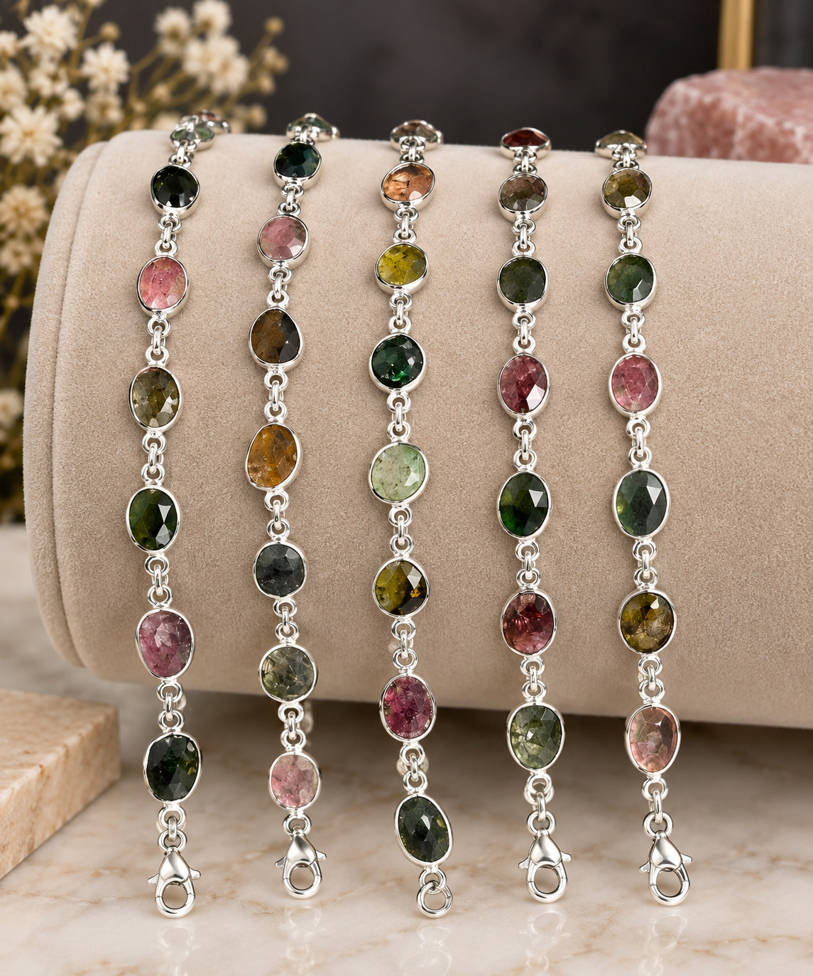 Excellent .925 Sterling Silver Watermelon Tourmaline Bracelet 87 S546