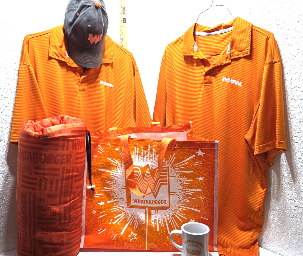 Whataburger Lot of 6, 2 Shirts , 1 Mug, 1 large bag ,1 Hat and 1 Throw Blank Whataburger Lot of 6, 2 Shirts , 1 Mug, 1 large bag ,1 Hat and 1 Throw Blank