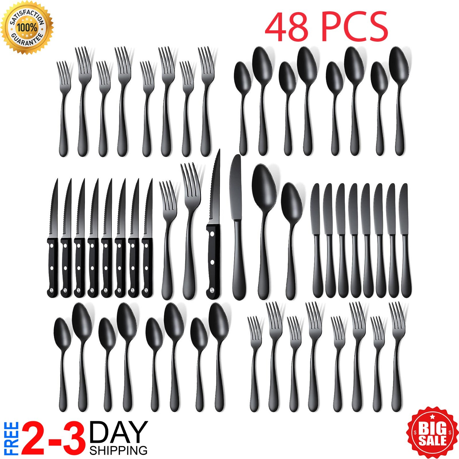 48-Piece Black Silverware Set for 8, Stainless Steel Cutlery Utensils Kitchen 48-Piece Black Silverware Set for 8, Stainless Steel Cutlery Utensils Kitchen