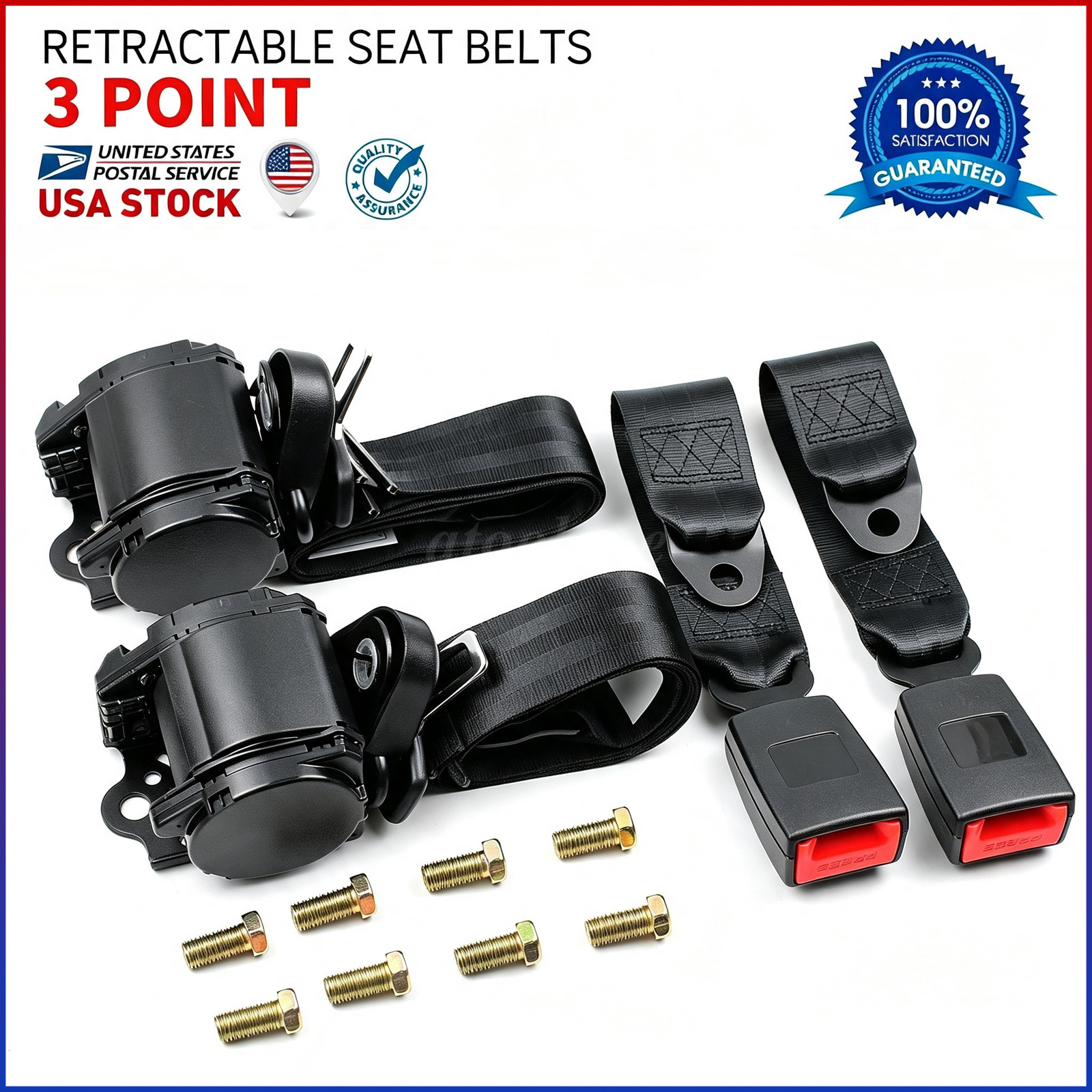 3 Point Retractable Seat Belt 2 Pack Front Driver Passenger Side Pair Black