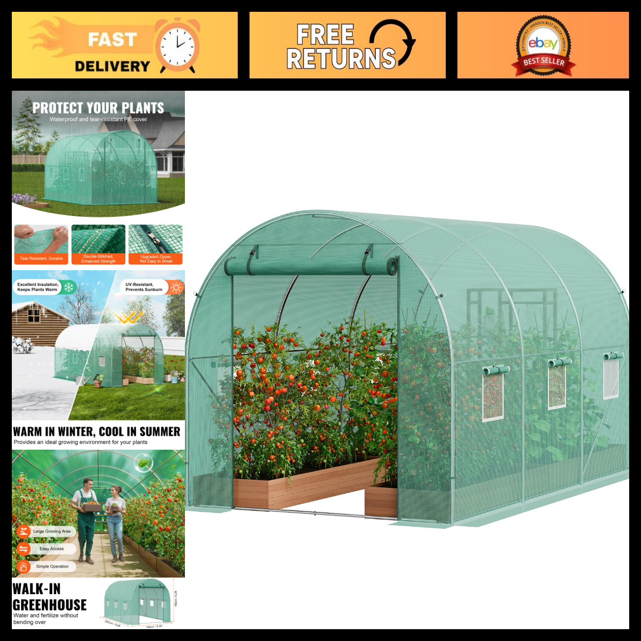 Walk-in Tunnel Greenhouse 9.6x6.4 ft, Steel Frame, PE Cover, Roll-up Door & Wind
