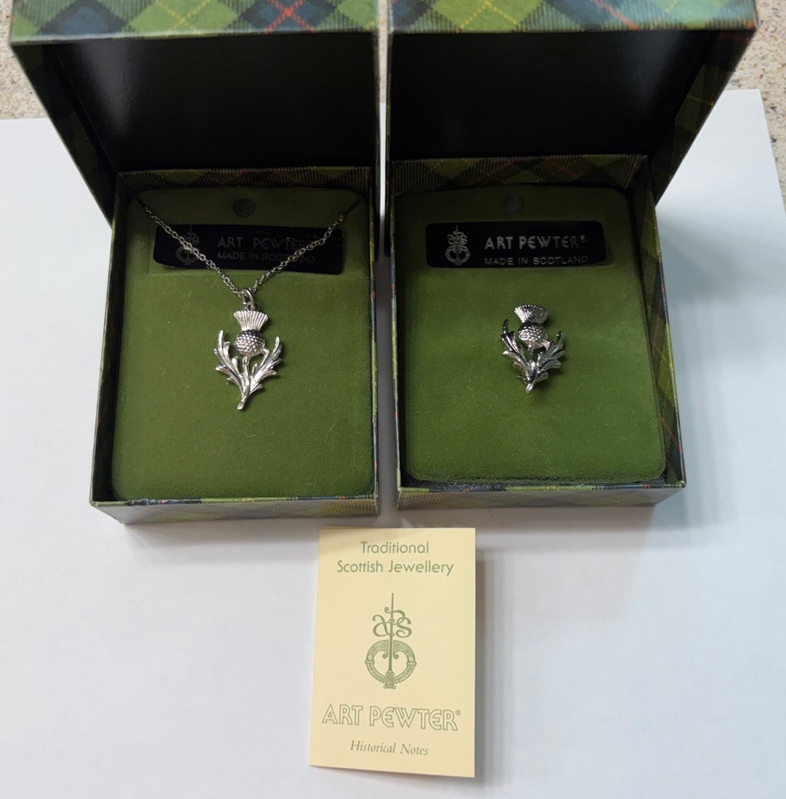 Vintage Art Pewter Necklace & Pin Scottish Thistle New In Box 1996