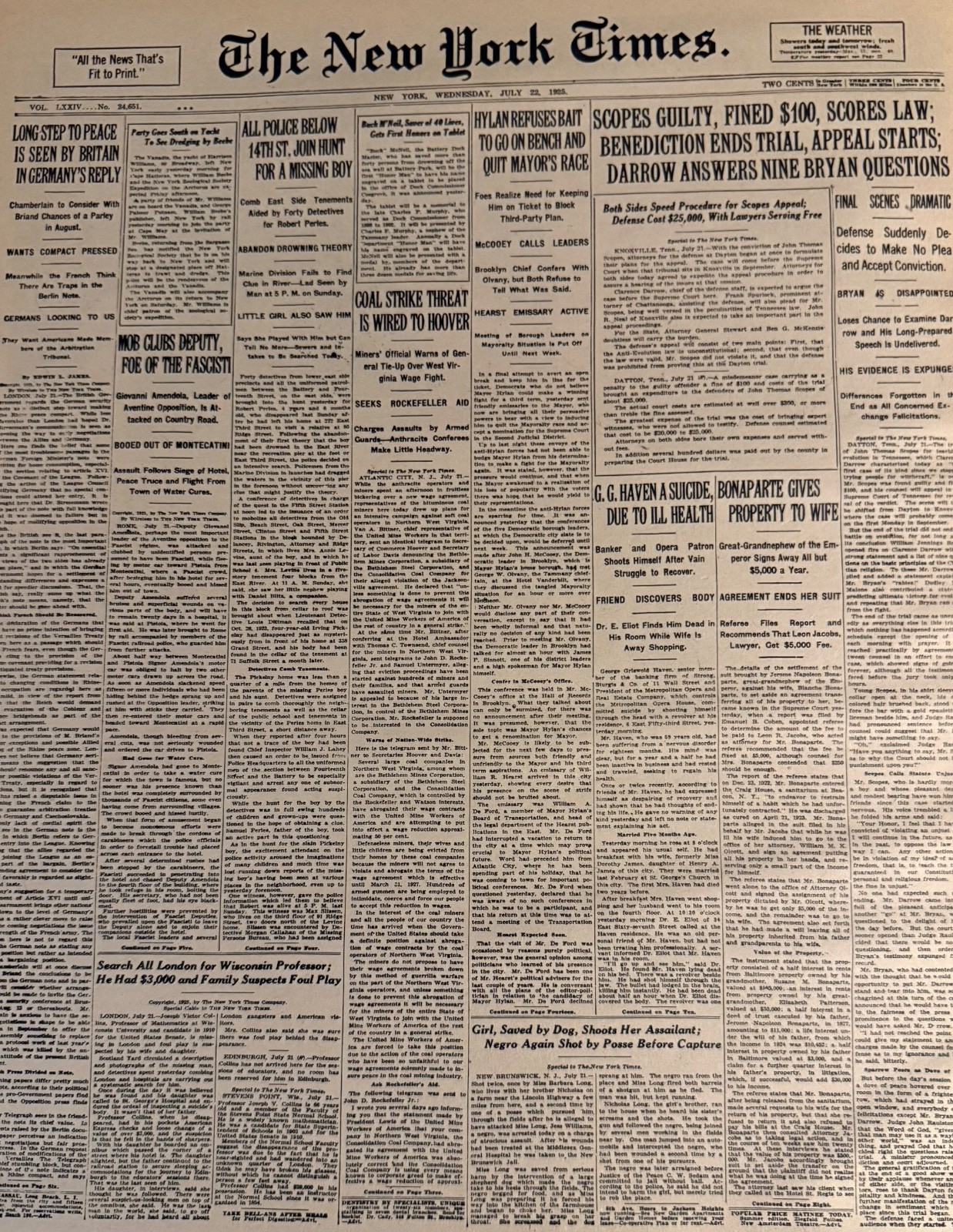 Vintage Scopes Monkey Trial Evolution Fight NEW YORK TIMES News Article