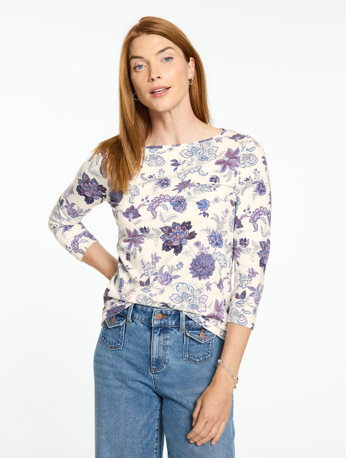 Talbots Bateau Neck Tee - Etched Toile, IVORY/BRAMBLE PURPLE MULT NEW WT