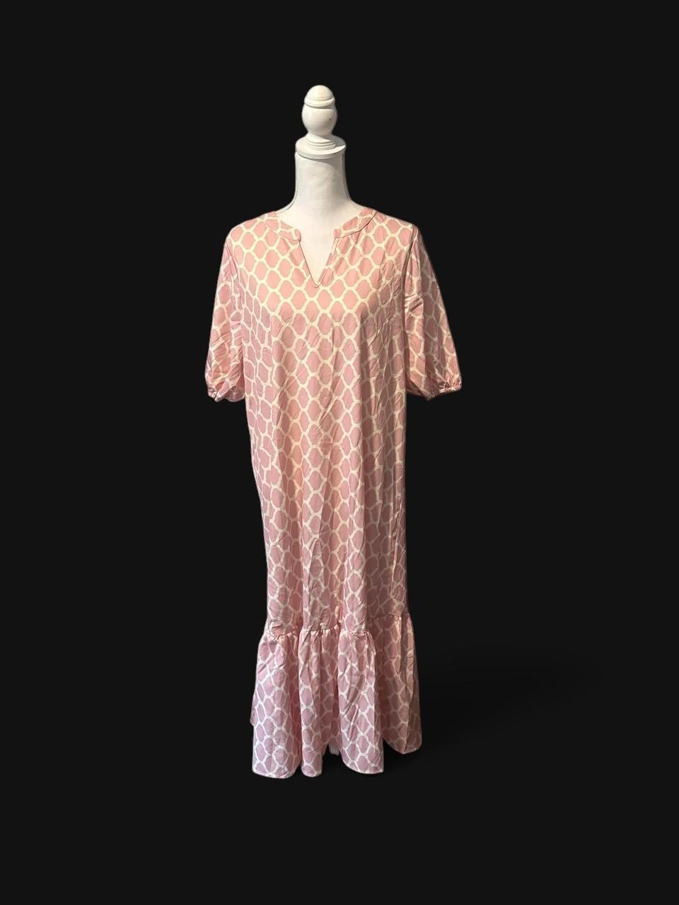 Emery Rose Women’s XL Pink Print Maxi Dress – Short Sleeve Ruffle Hem V-Neck NWT
