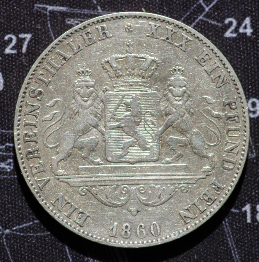 1860 Germany 1 Vereinsthaler Grand Duchy of Hesse-Darmstadt Thaler LVB1.663