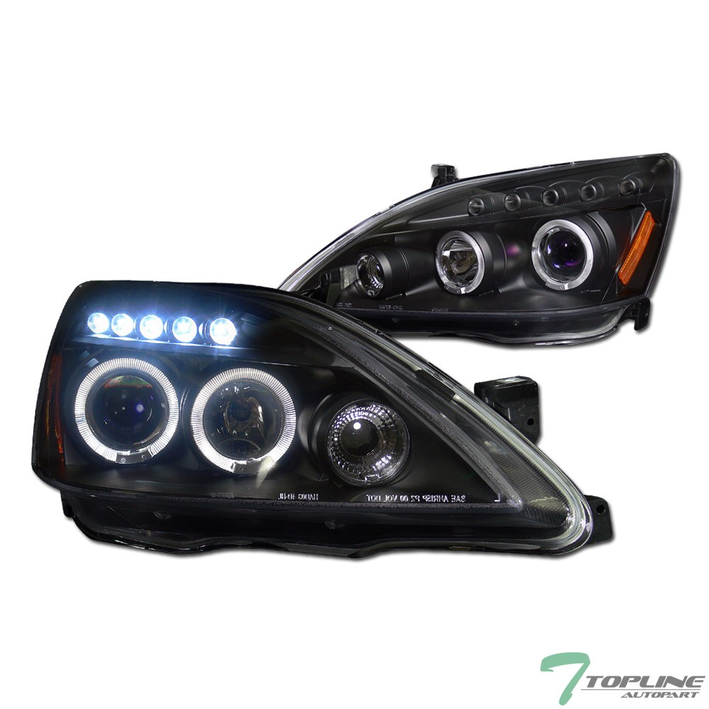 Topline For 2003-2007 Honda Accord LED Halo Projector Headlights Amber - Black