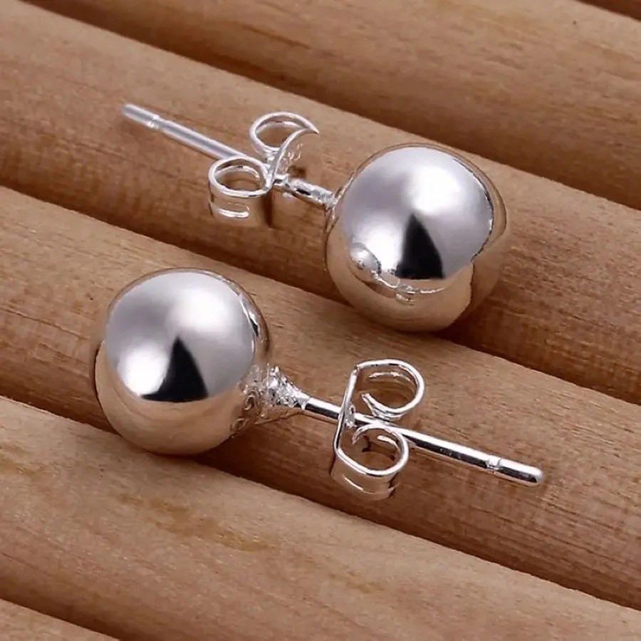 Hot New 925 Sterling Solid Silver Jewelry 8mm Ball Stud Earrings For Women WE73