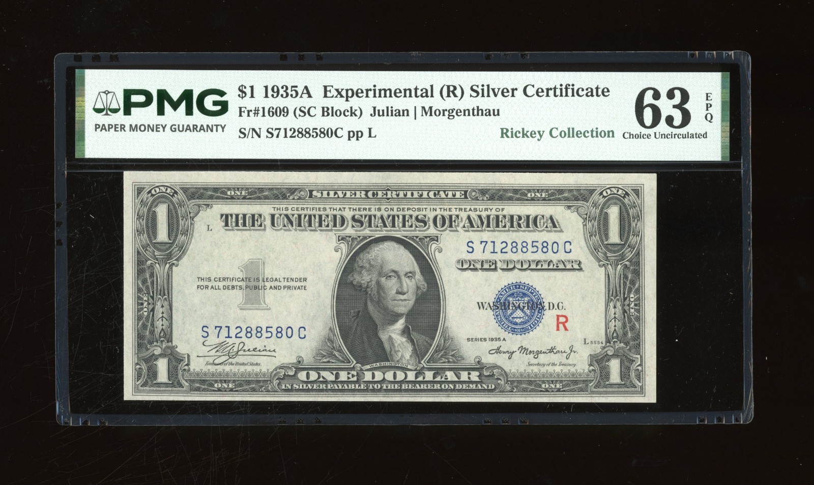 DBR 1935-A $1 Silver Experimental (R) Fr. 1609 PMG 63 EPQ Serial S71288580C DBR 1935-A $1 Silver Experimental (R) Fr. 1609 PMG 63 EPQ Serial S71288580C