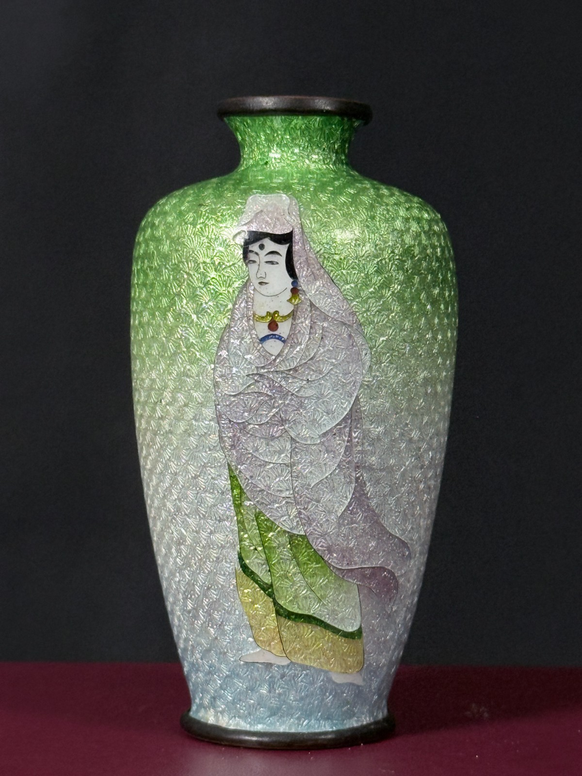 Japanese Ginbari Cloisonné Mini Vase Kannon Goddess Silver Foil Early 20th C