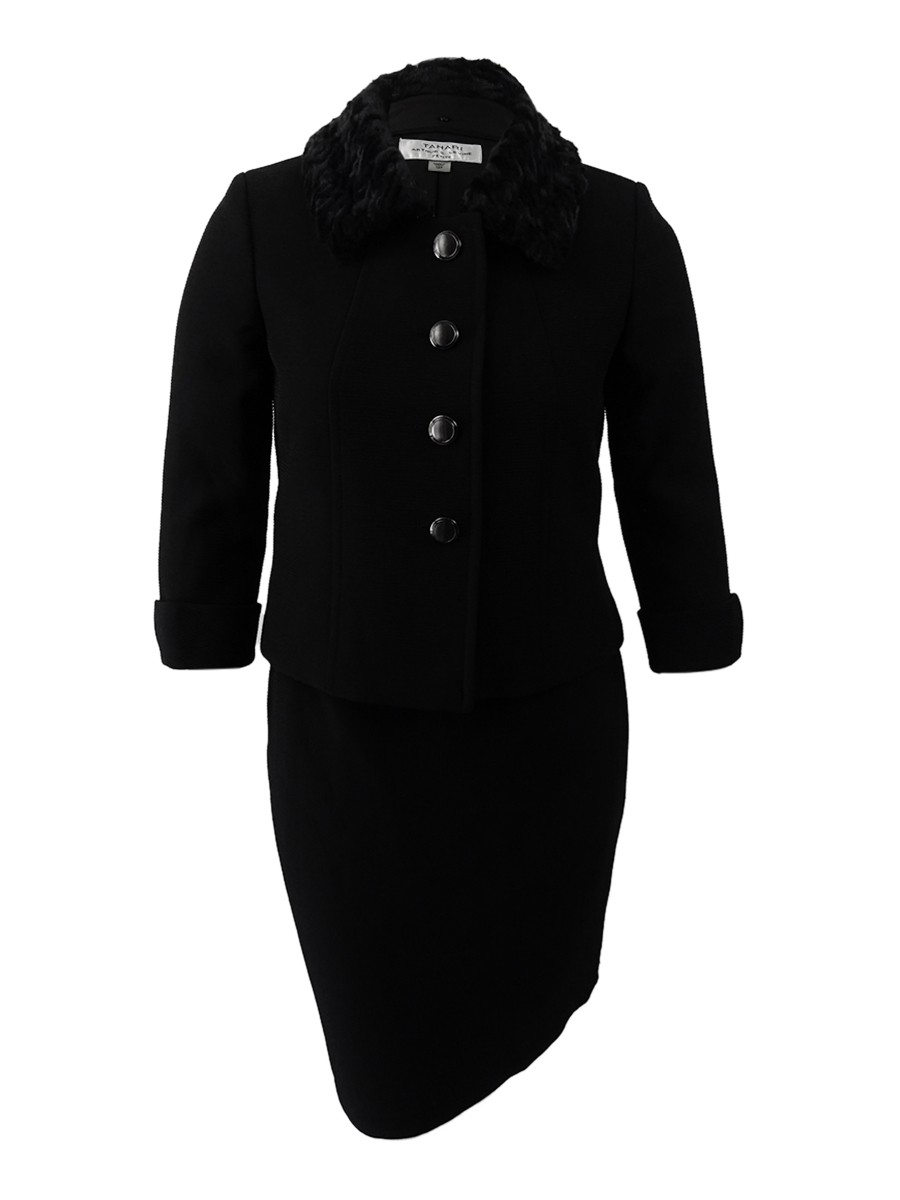 Tahari ASL Women\'s Faux-Fur-Collar Skirt Suit (2, Black)