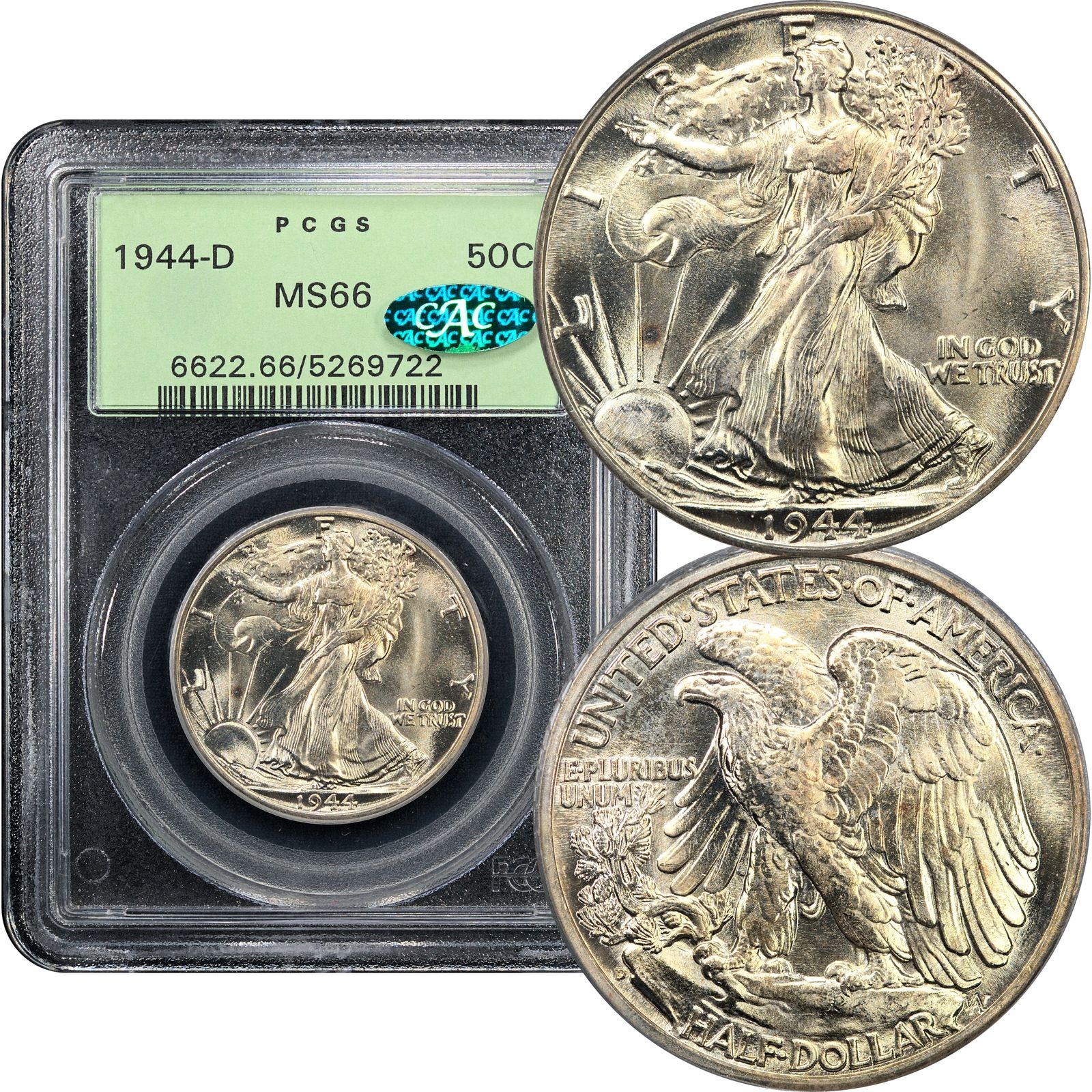 1944-D Walking Liberty Half Dollar 50c OGH PCGS MS66 CAC