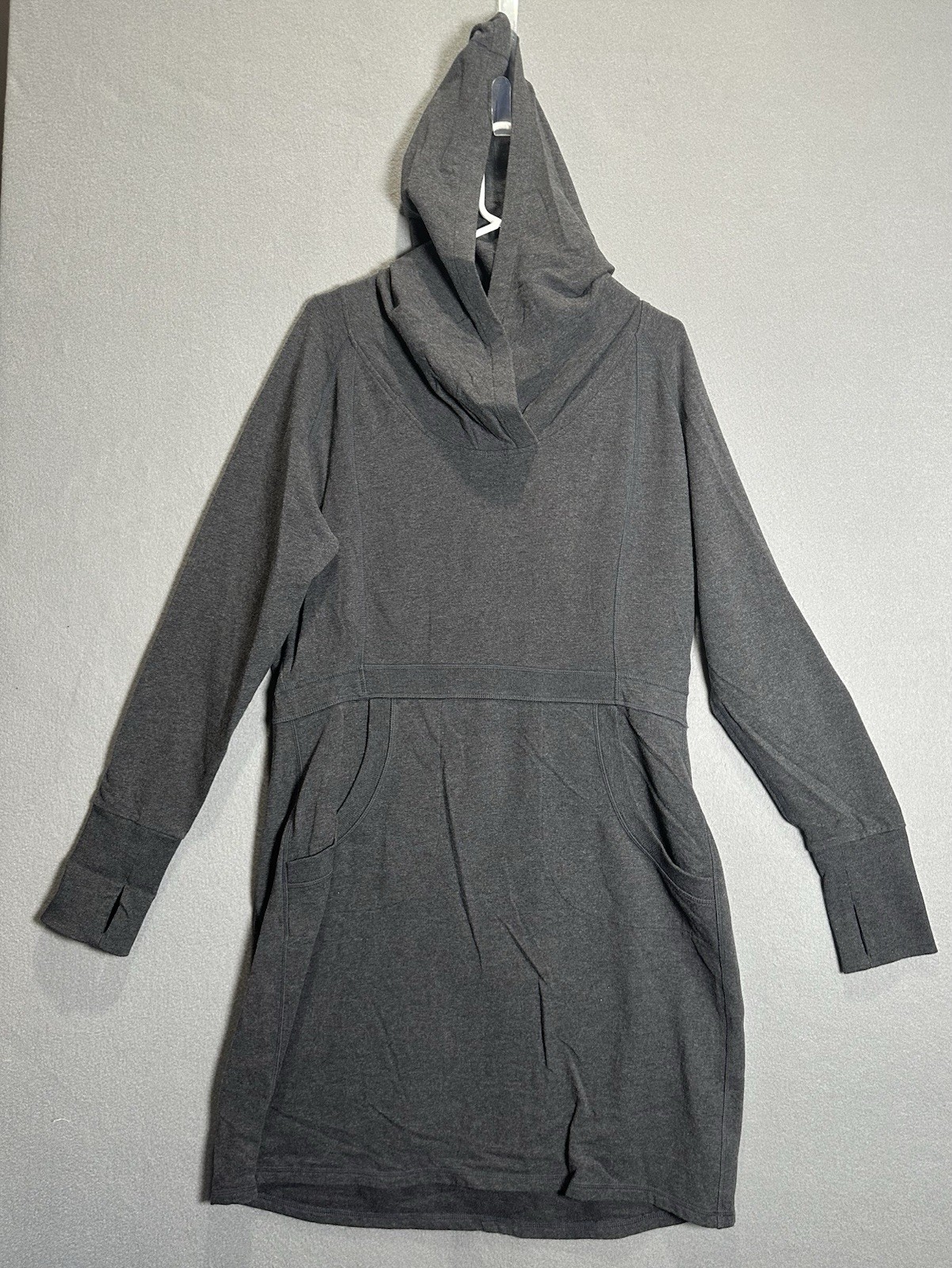 Women Athleta Power Down Hoodie Dress Charcoal Gray Heather Sz XL Travel