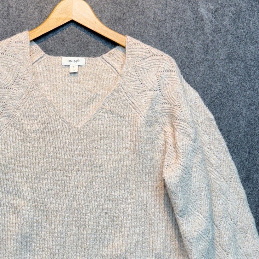 On 34th Womens XL V-Neck Pointelle Raglan Sleeve Ribbed Knit Sweater Oatmeal On 34th Womens XL V-Neck Pointelle Raglan Sleeve Ribbed Knit Sweater Oatmeal