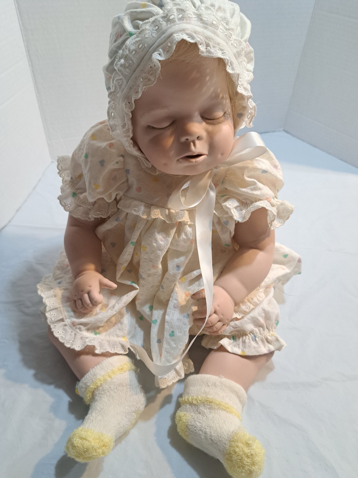 Vintage Porcelain Baby Doll Handmade 1980s Sleeping Baby Bonnet Blonde Hair