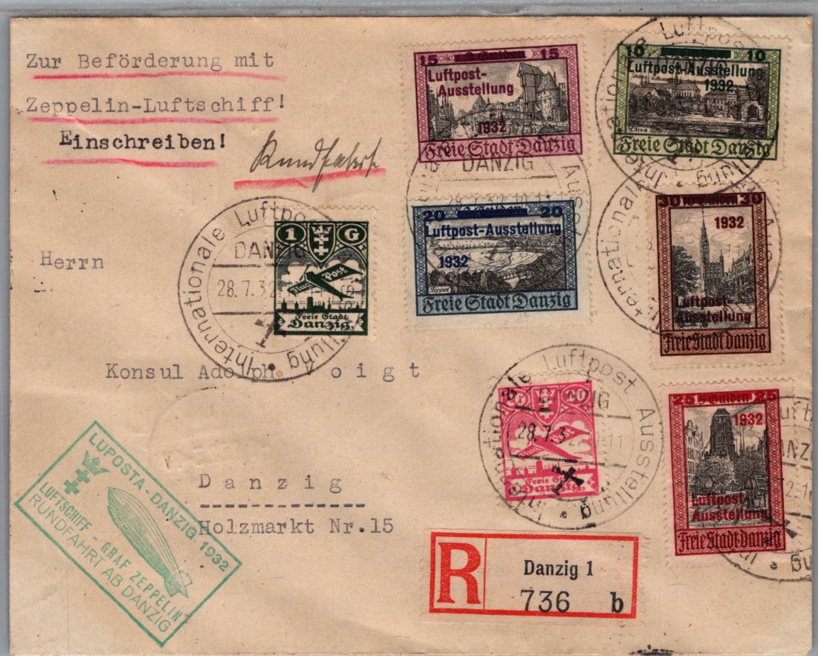 GERMANY 1932 DANZIG AIRMAIL GRAF ZEPPELIN REG COVER EXPO ADDR & POSTMARK DANZIG