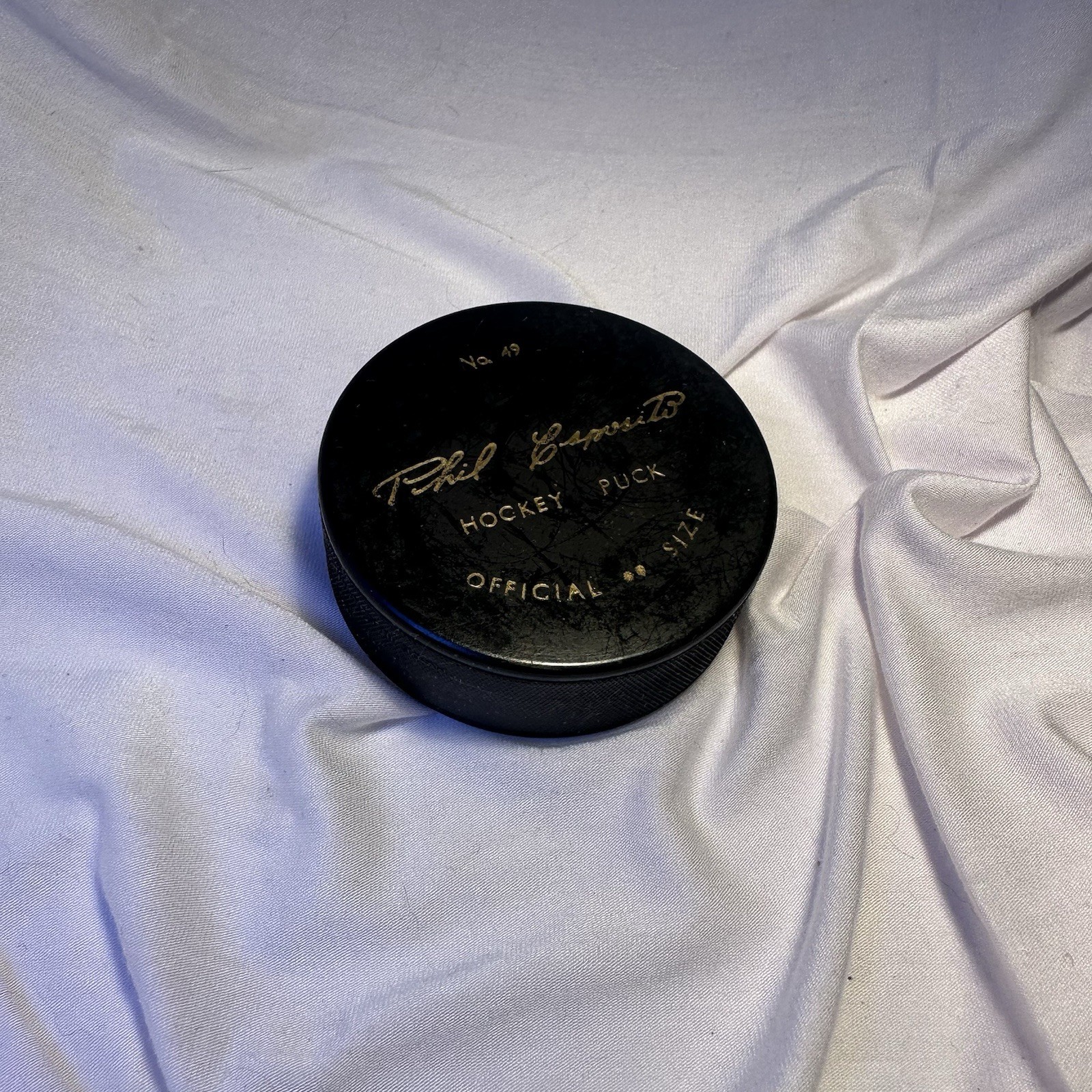 1970s Phil Esposito No. 49 Boston Bruins Official Size Souvenir Hockey Puck