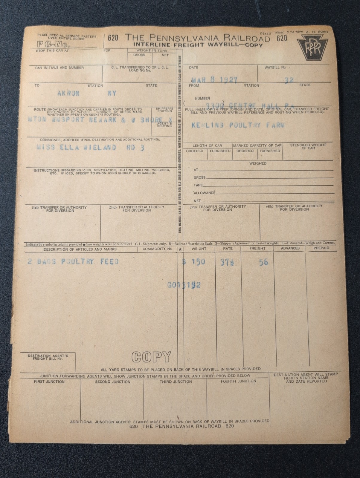 1927 Pennsylvania Railroad Freight Waybill Ephemera - Kerlins Poultry Akron NY