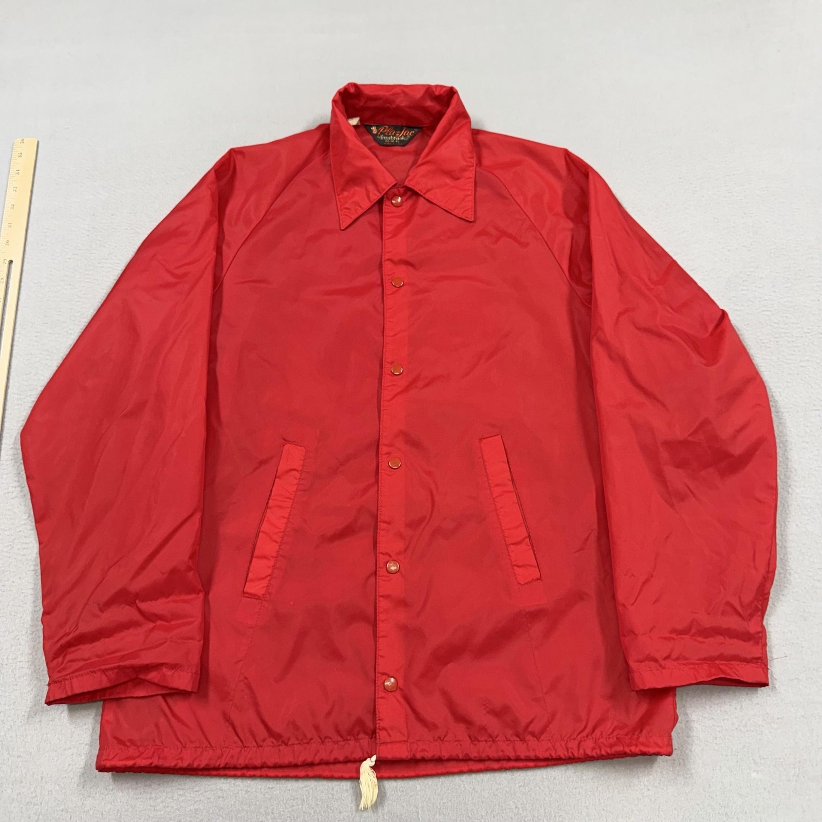 Vintage Pla-Jac Jacket Mens Medium Red Nylon Snap Coach Windbreaker Made USA