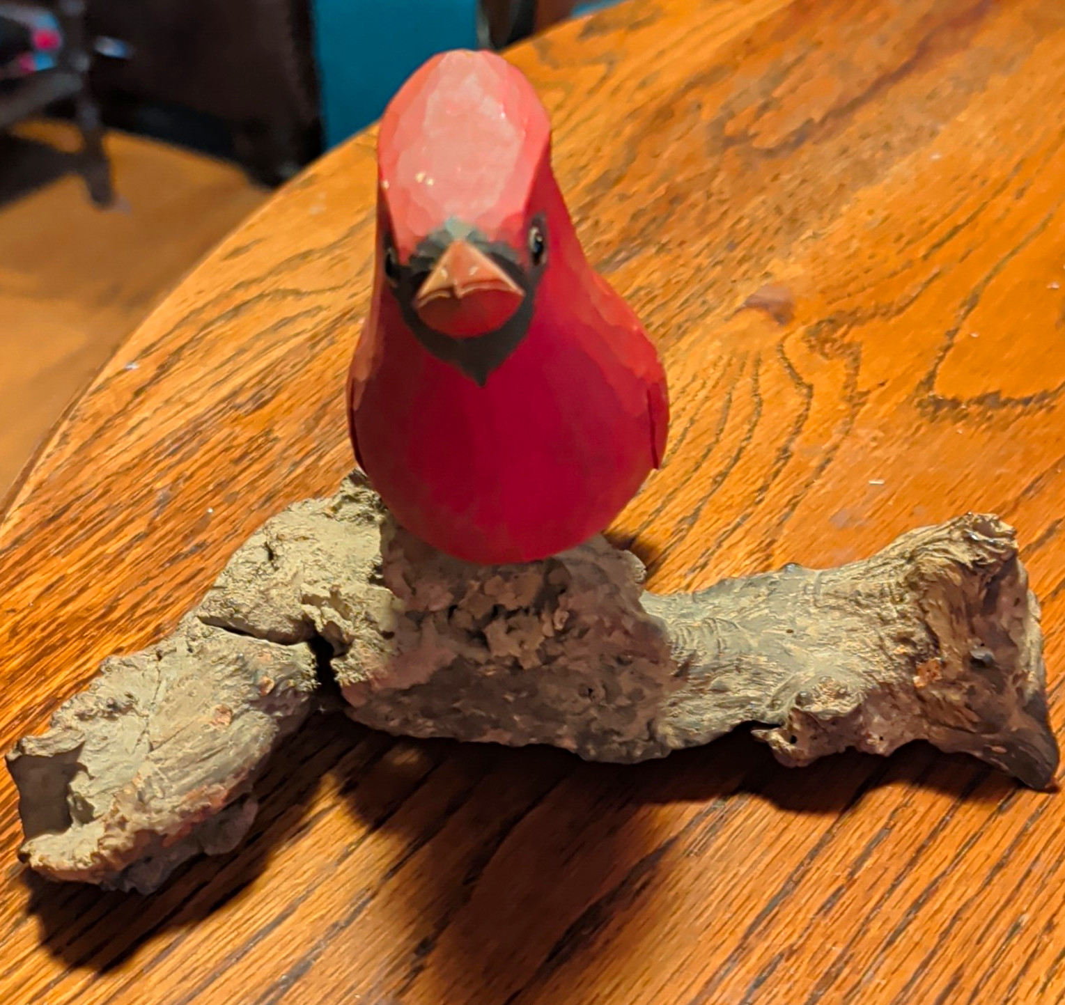 Hand Carved Hand Painted Wooden Cardinal Bird Figurine on Driftwood Branch Base