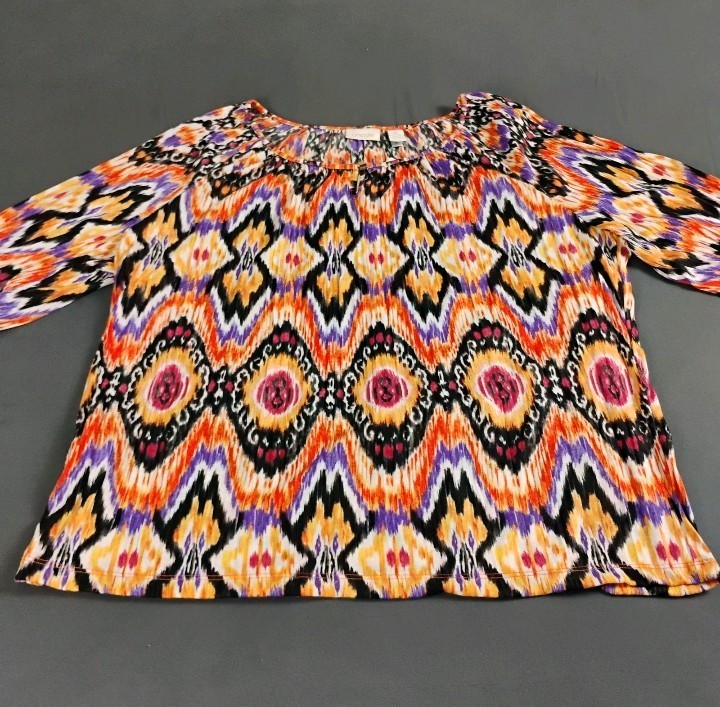 Chico\'s Women\'s Size 2 Ikat Multicolor Scoop Neck 3/4 Sleeve Knit Blouse NWT