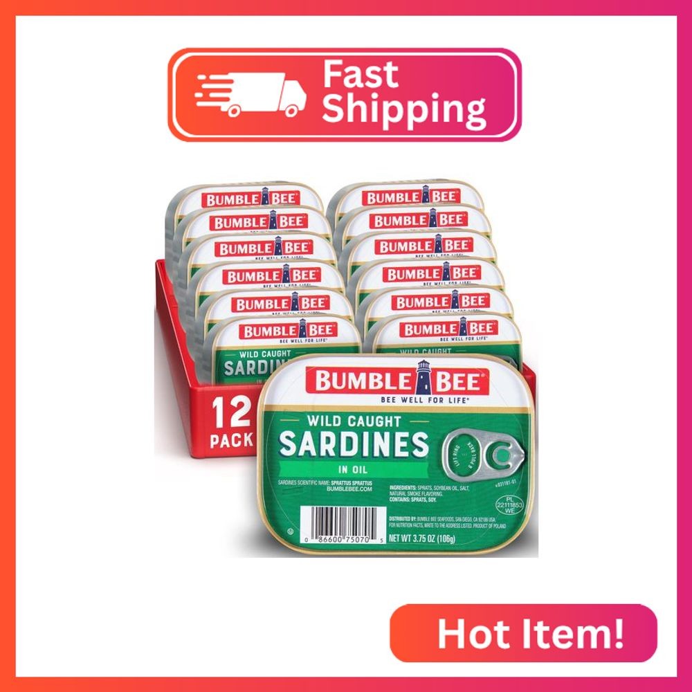 Bumble Bee Sardines in Oil, 3.75 oz Tin (Pack of 12) - Wild Caught, Gluten Free, Bumble Bee Sardines in Oil, 3.75 oz Tin (Pack of 12) - Wild Caught, Gluten Free,