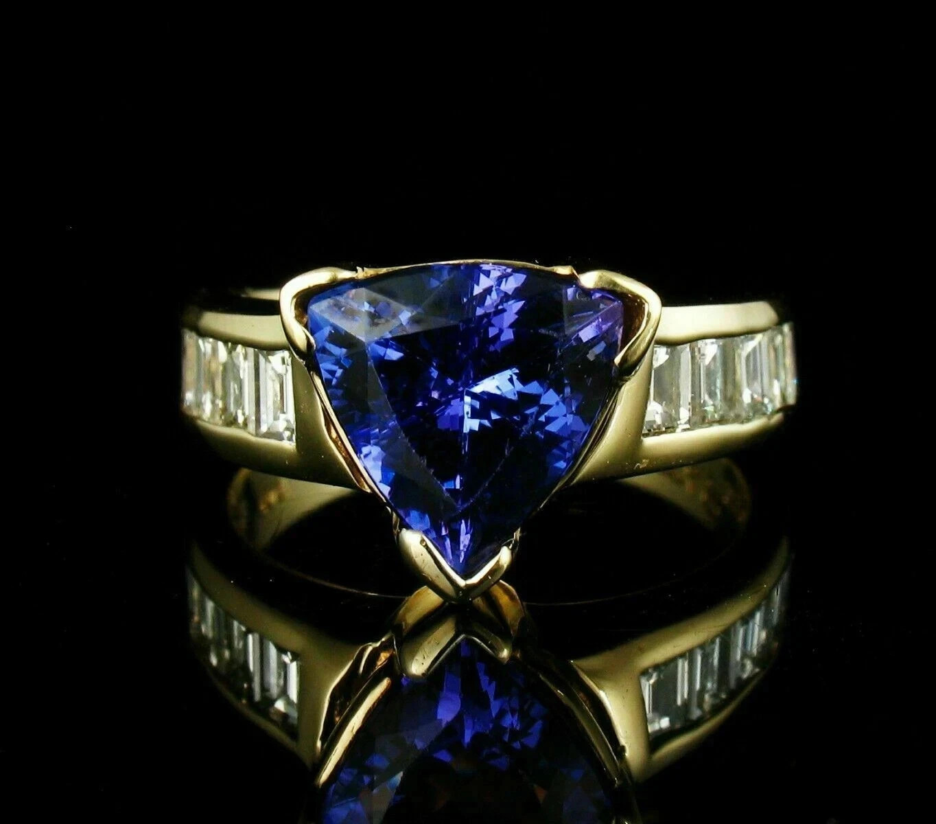 3.12 Ct Trillion Cut Natural Tanzanite & Diamond  Ring 14K Yellow Gold Size 7