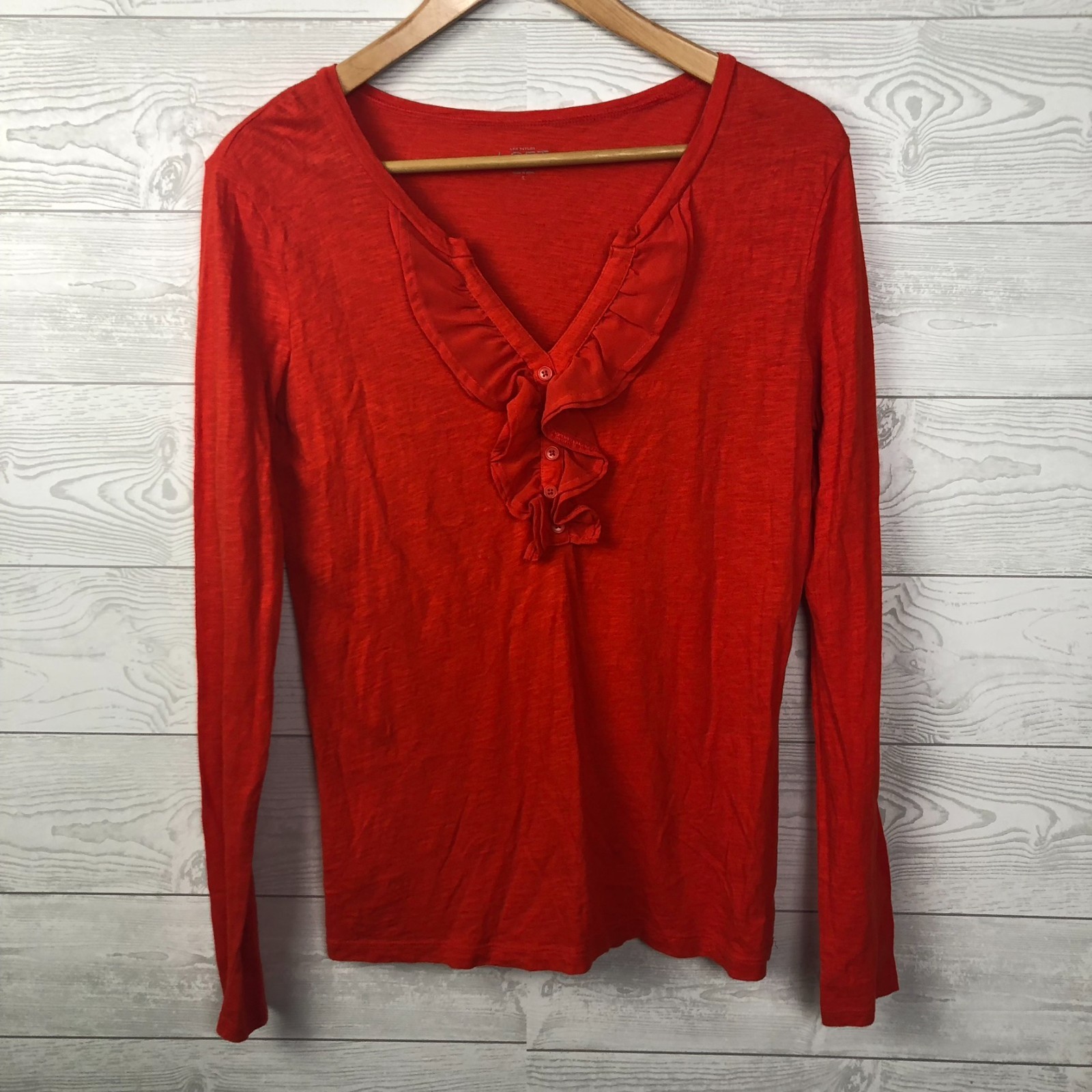 Ann Taylor LOFT Women\'s Small Long Sleeve Shirt Ruffle V Neck 100% Cotton Orange