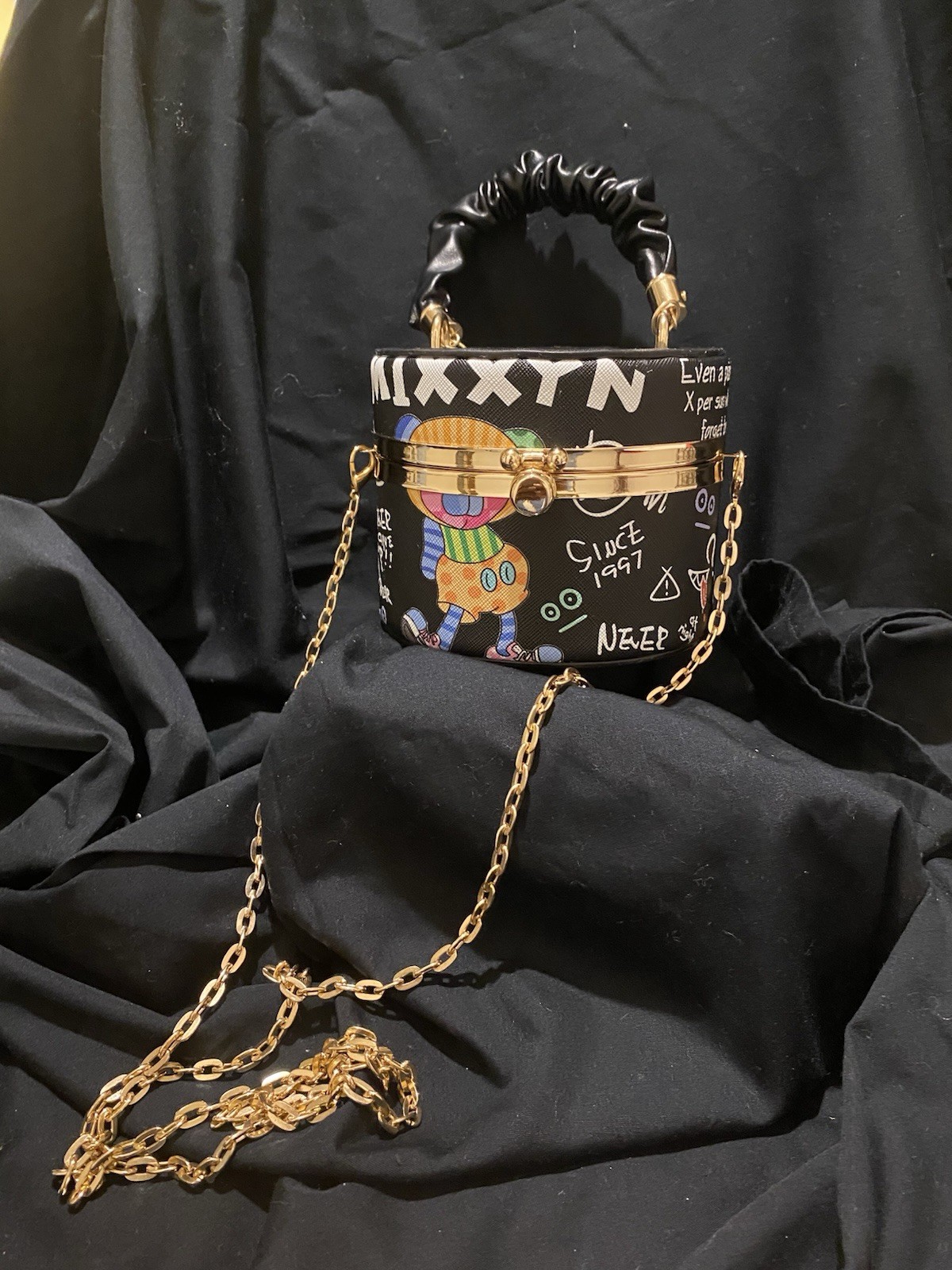 Black Graffiti Cartoon Print Cylinder Crossbody Handbag Gold Chain, Clasp Black Graffiti Cartoon Print Cylinder Crossbody Handbag Gold Chain, Clasp