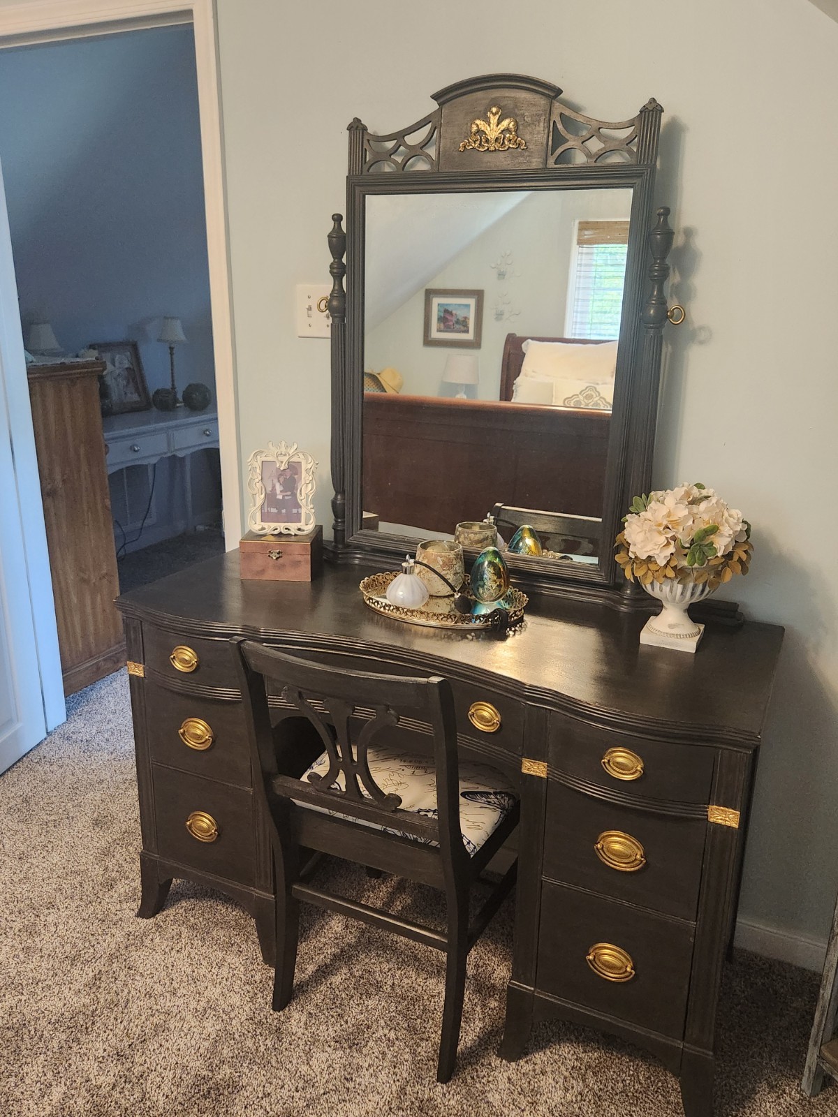 Vintage refinished Makeup Vanity / Dressing Table  with Mirror and chair.