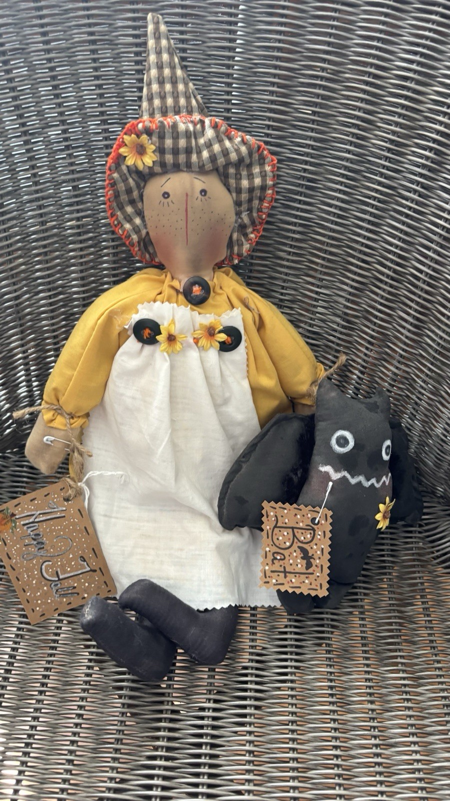 OOAK PRIMITIVE HAPPY FALL WITCH DOLL WITH BAT.