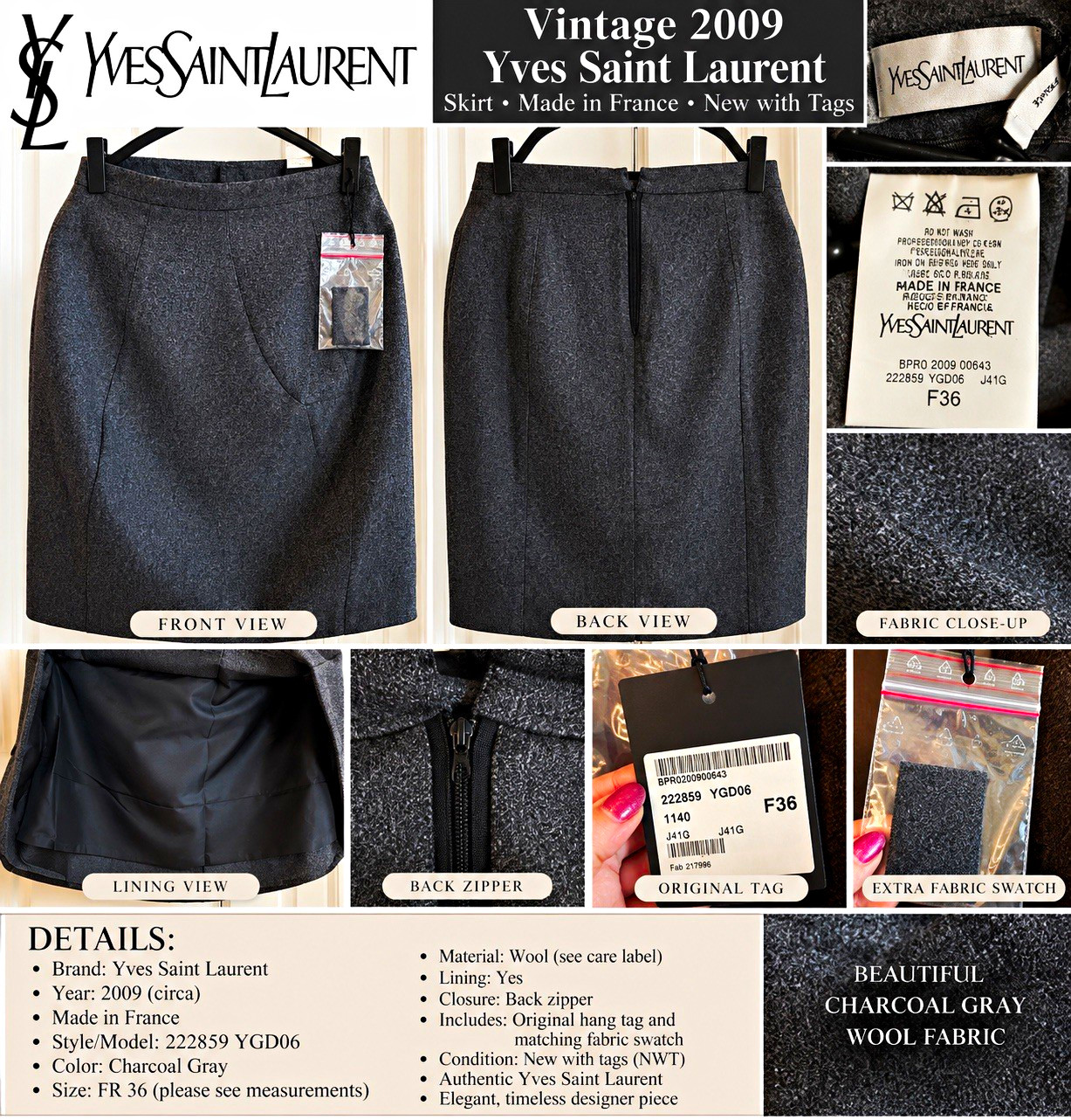 Yves Saint Laurent Vintage Wool Tweed Pencil Skirt Gray Solid Zip FR 36 Yves Saint Laurent Vintage Wool Tweed Pencil Skirt Gray Solid Zip FR 36
