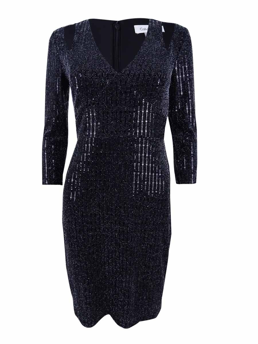 Calvin Klein Womens Cold-Shoulder Metallic Dress (12,Black/Silver)